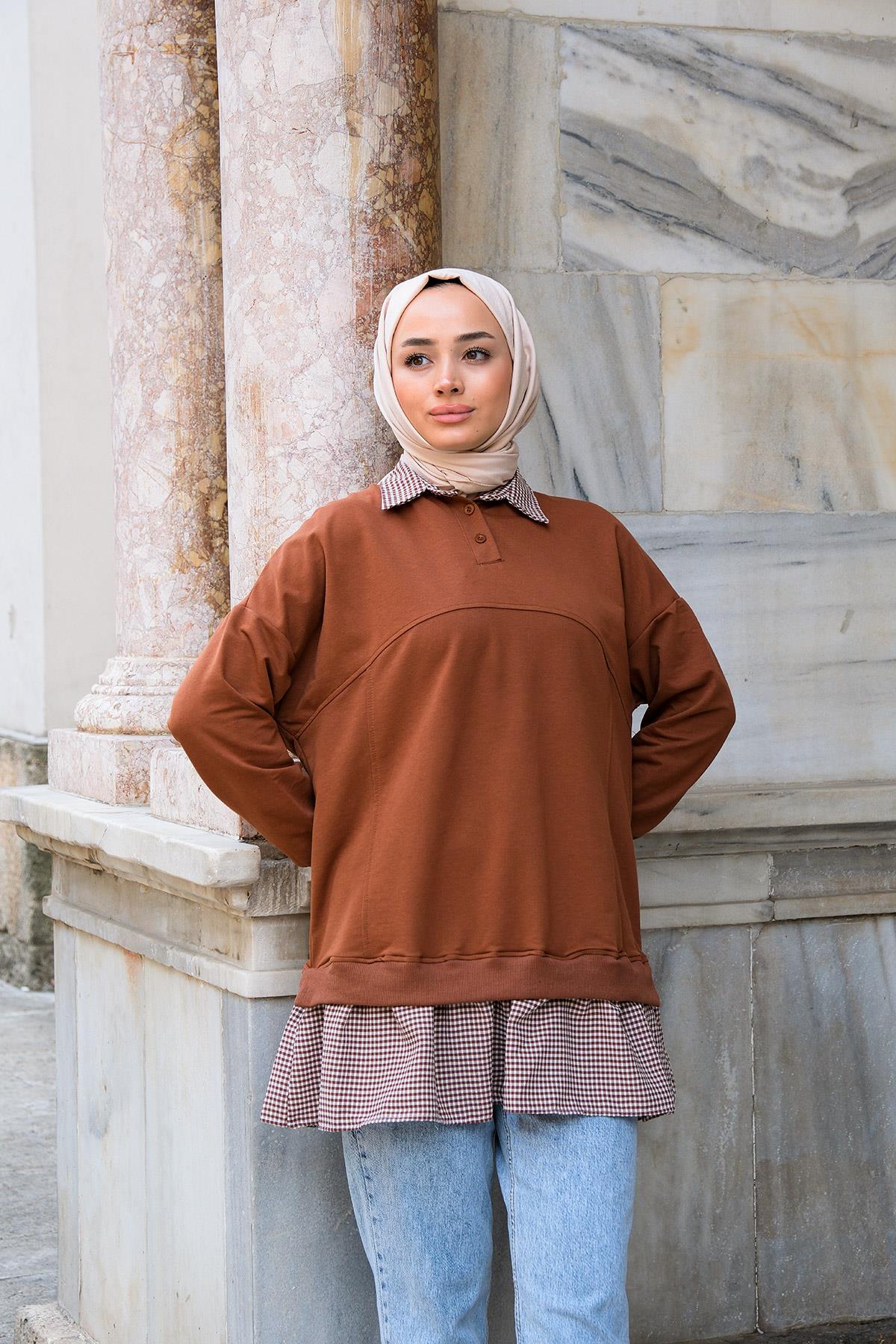 Polo Yaka Eteği Büzgülü Tunik Kahverengi