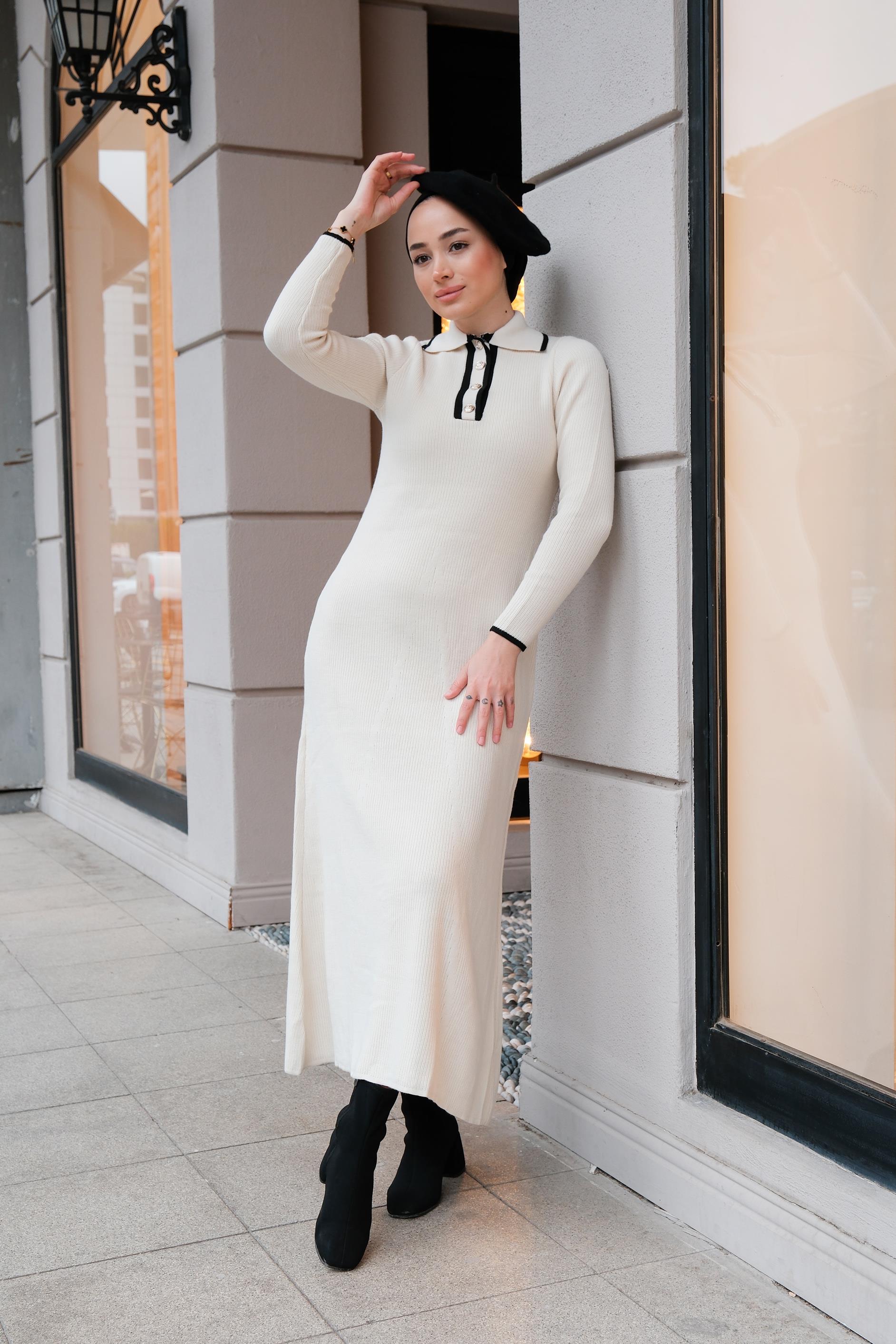 Polo Yaka Triko Elbise Bej