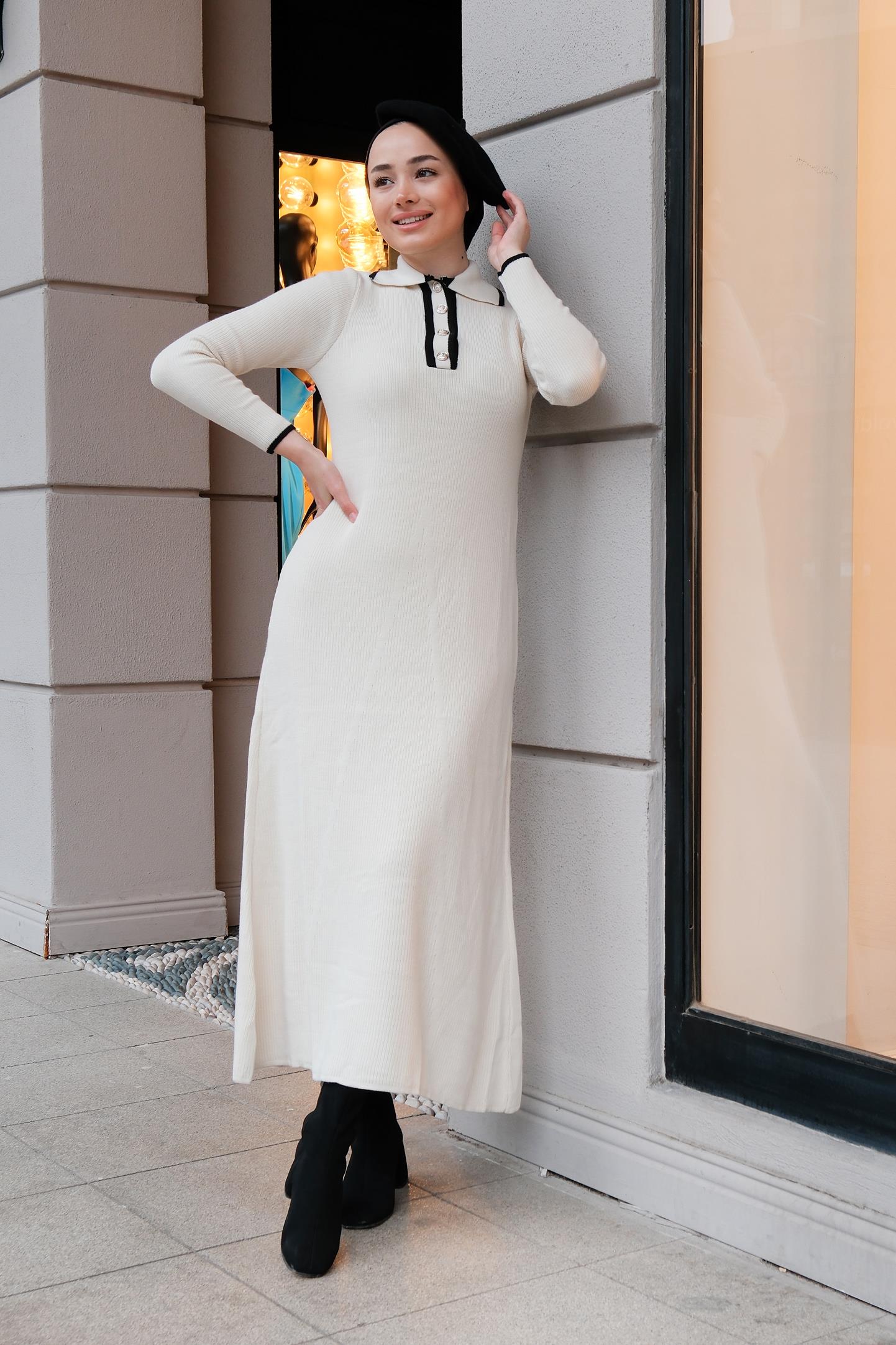 Polo Yaka Triko Elbise Bej