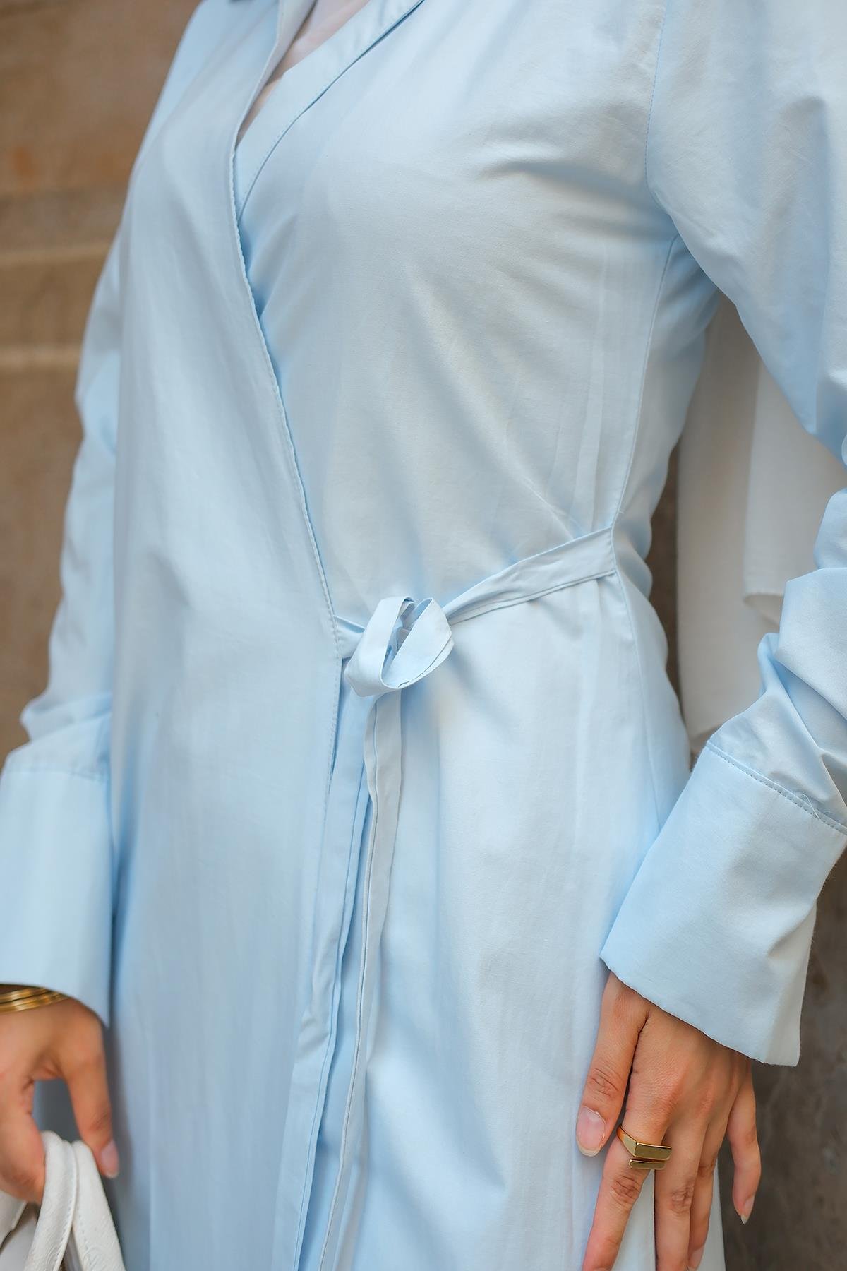 Poplin Yan Bağlamalı Elbise Açık Mavi