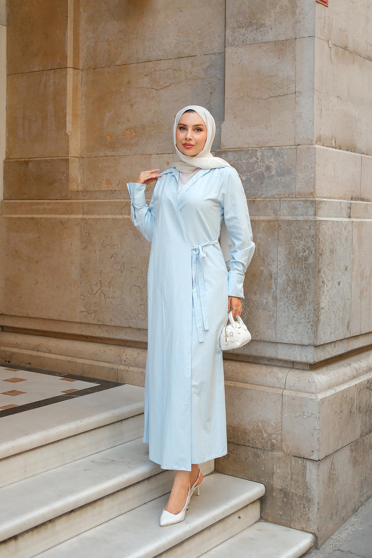 Poplin Yan Bağlamalı Elbise Açık Mavi