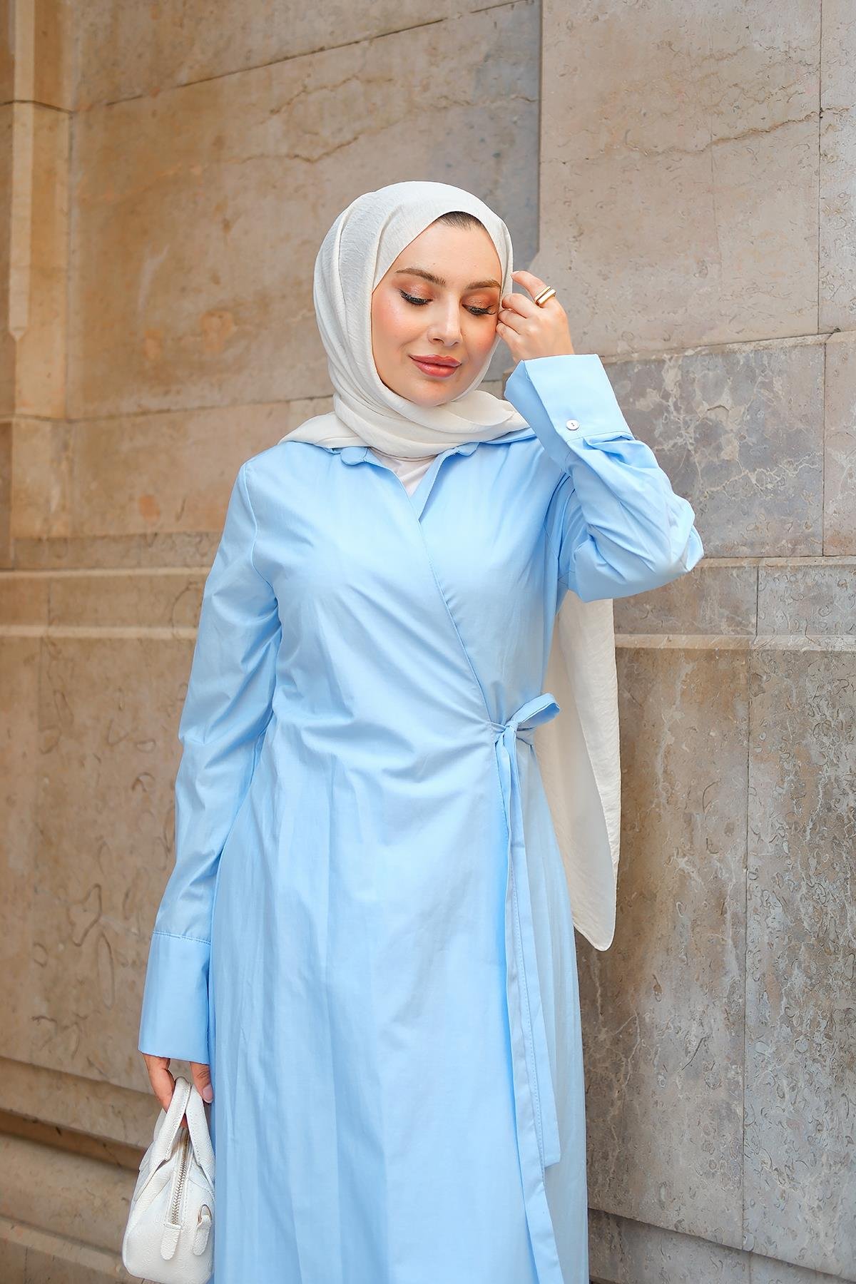 Poplin Yan Bağlamalı Elbise Bebe Mavi