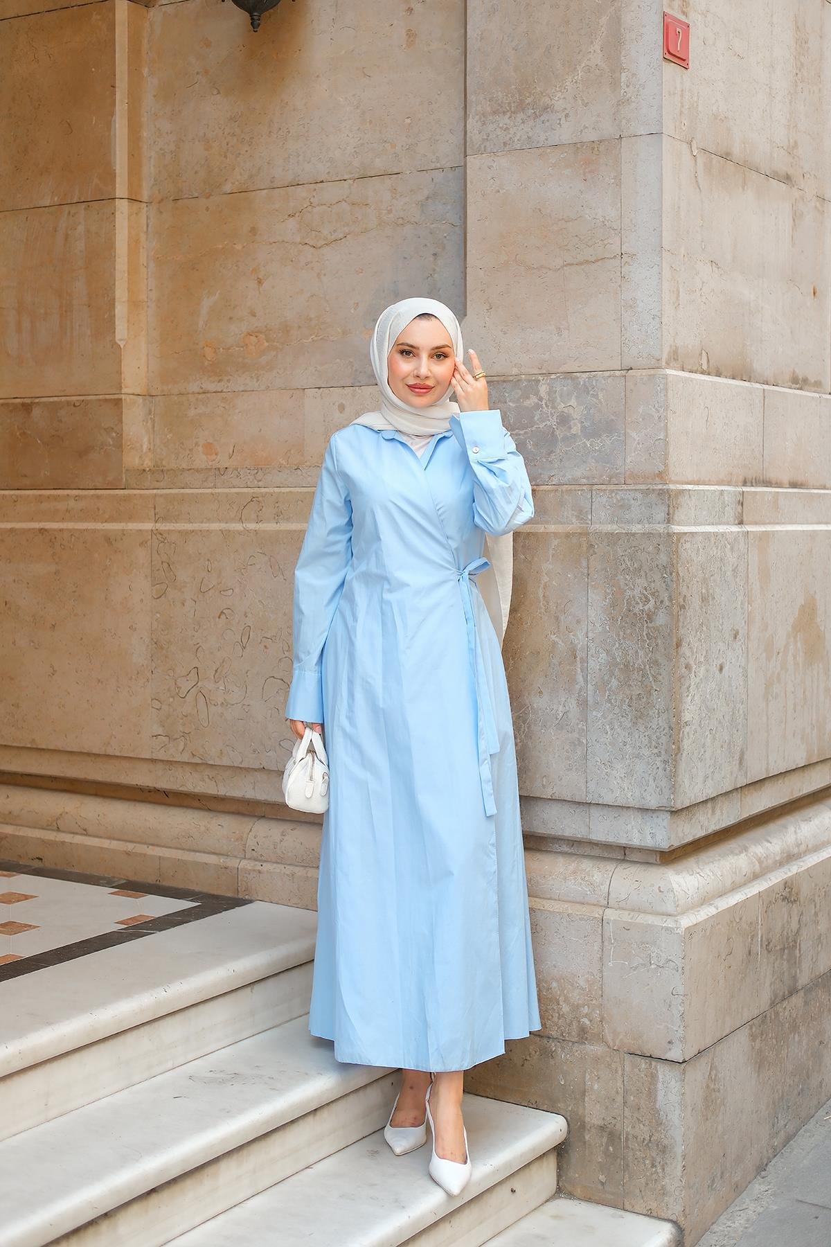 Poplin Yan Bağlamalı Elbise Bebe Mavi