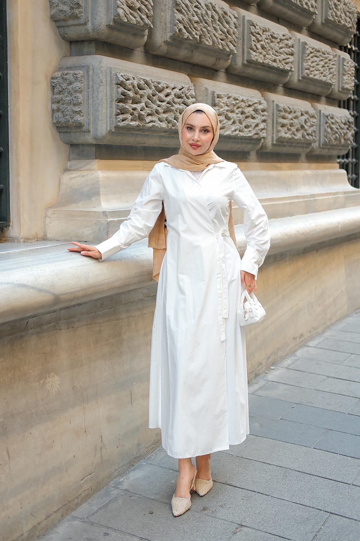 Poplin Yan Bağlamalı Elbise Beyaz