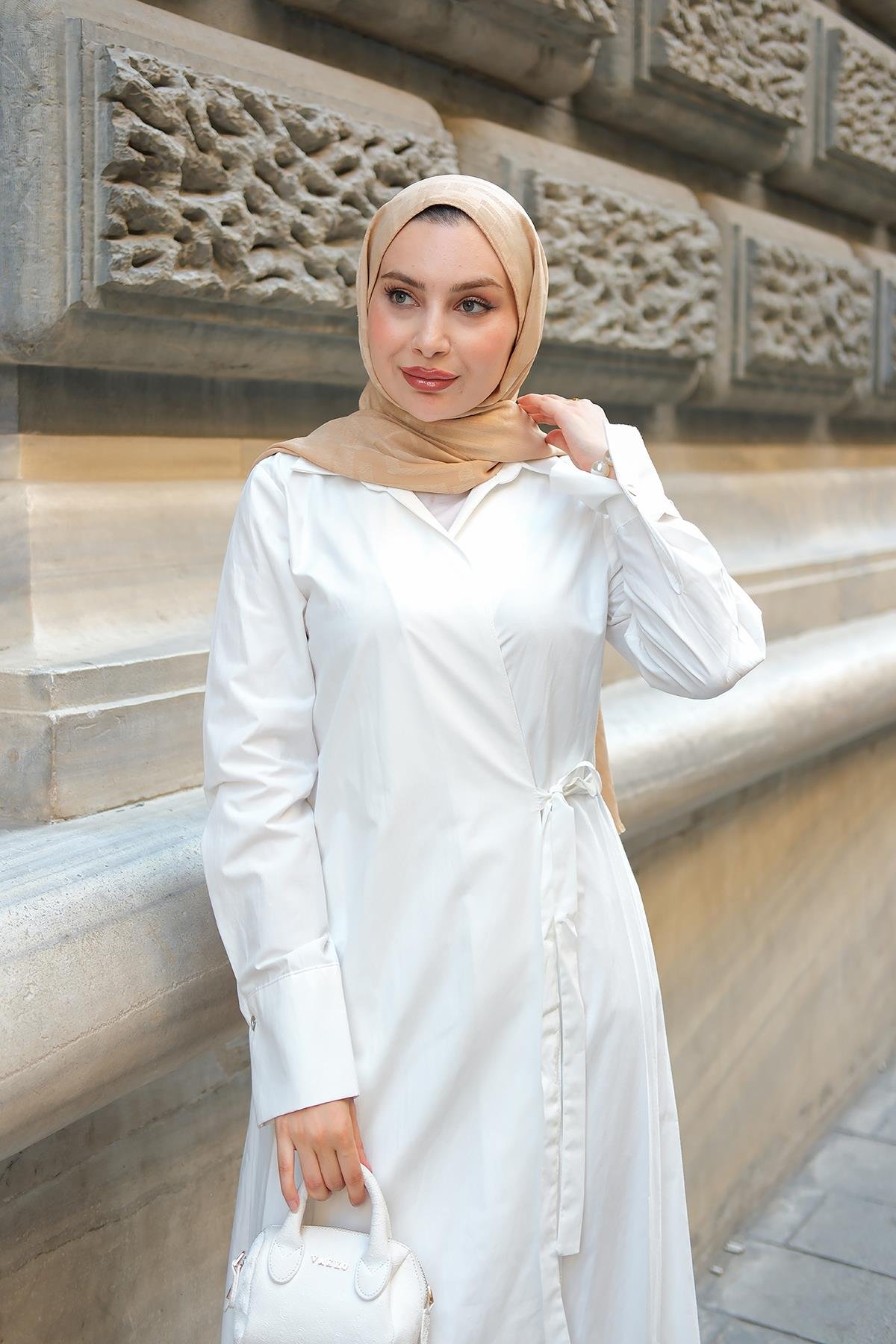 Poplin Yan Bağlamalı Elbise Beyaz