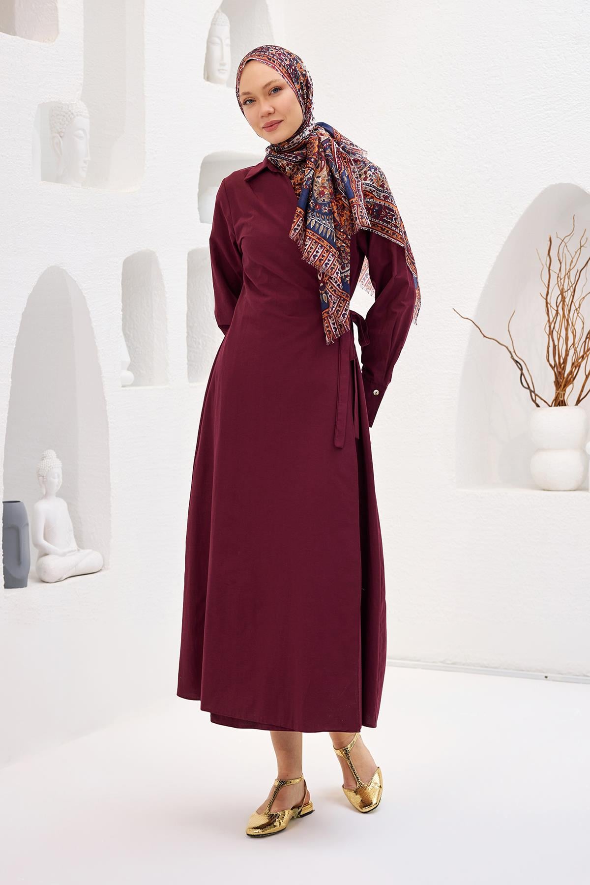 Poplin Yan Bağlamalı Elbise Bordo