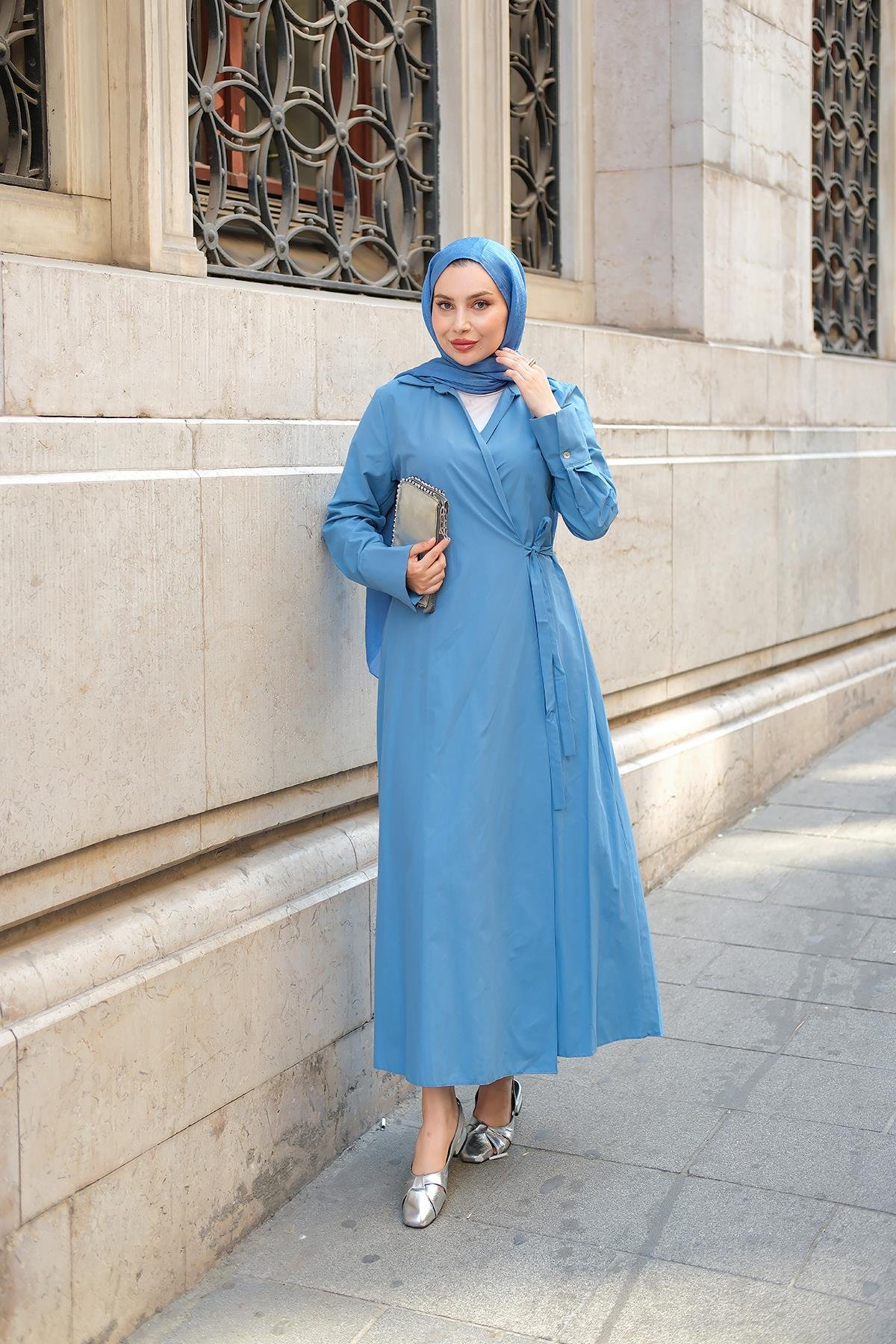 Poplin Yan Bağlamalı Elbise İndigo Mavi