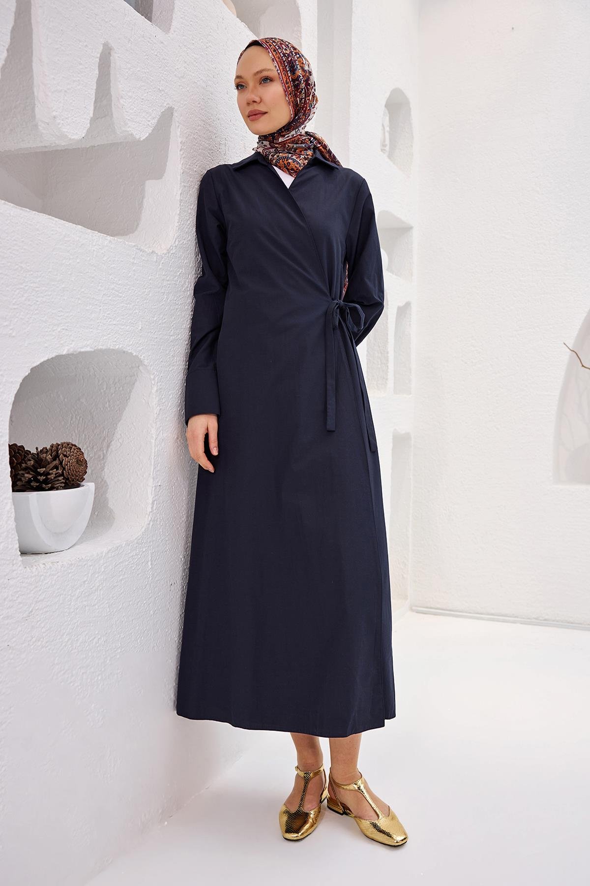 Poplin Yan Bağlamalı Elbise Lacivert
