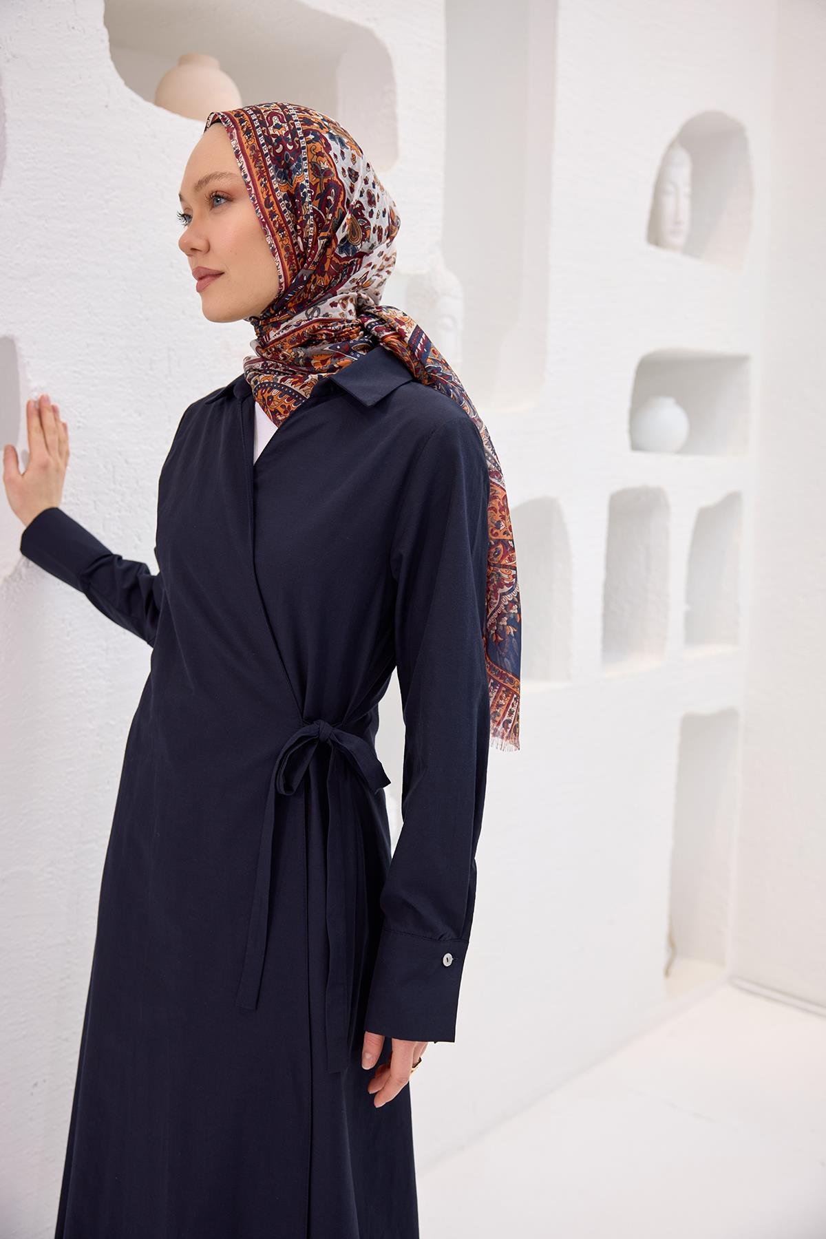 Poplin Yan Bağlamalı Elbise Lacivert