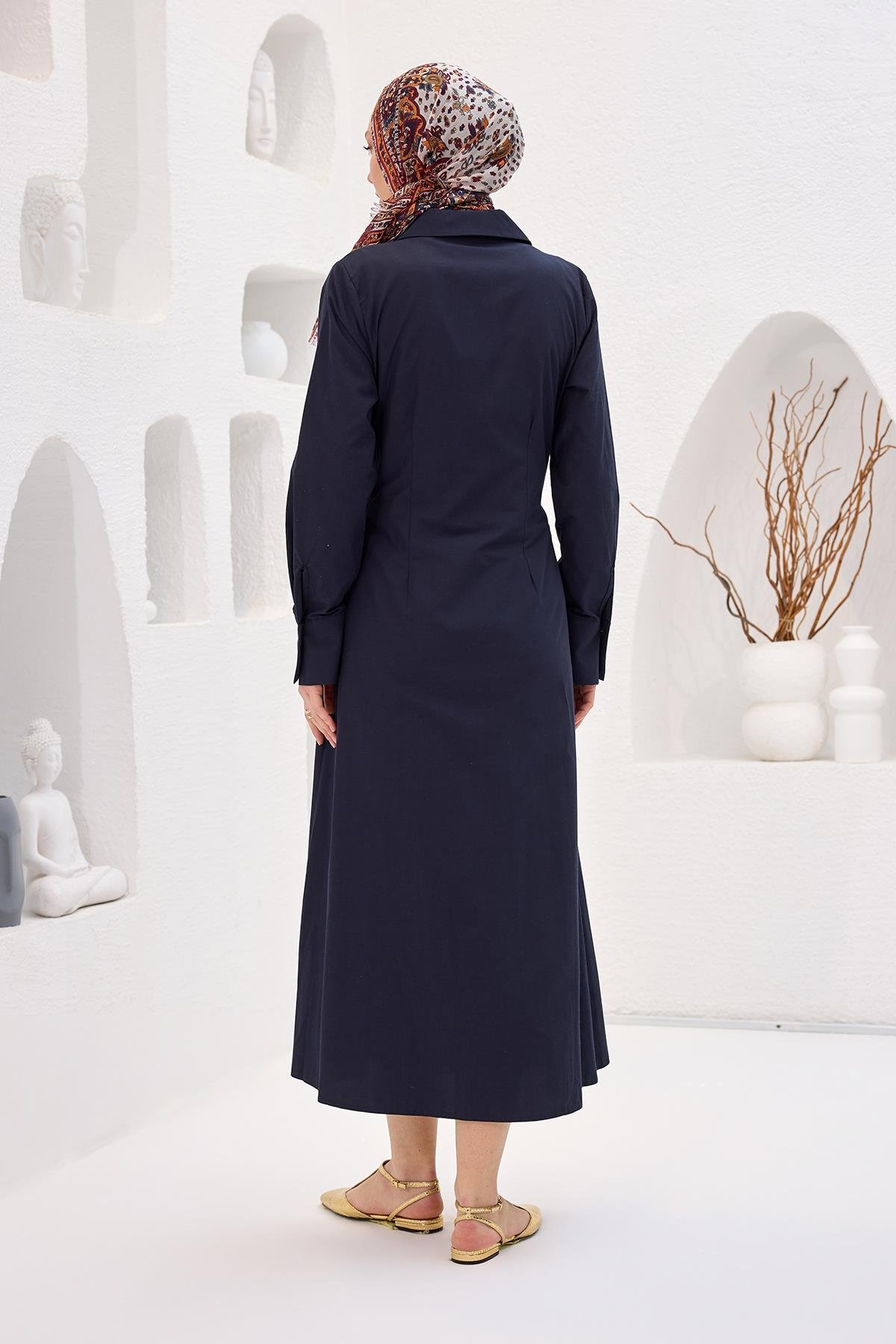 Poplin Yan Bağlamalı Elbise Lacivert