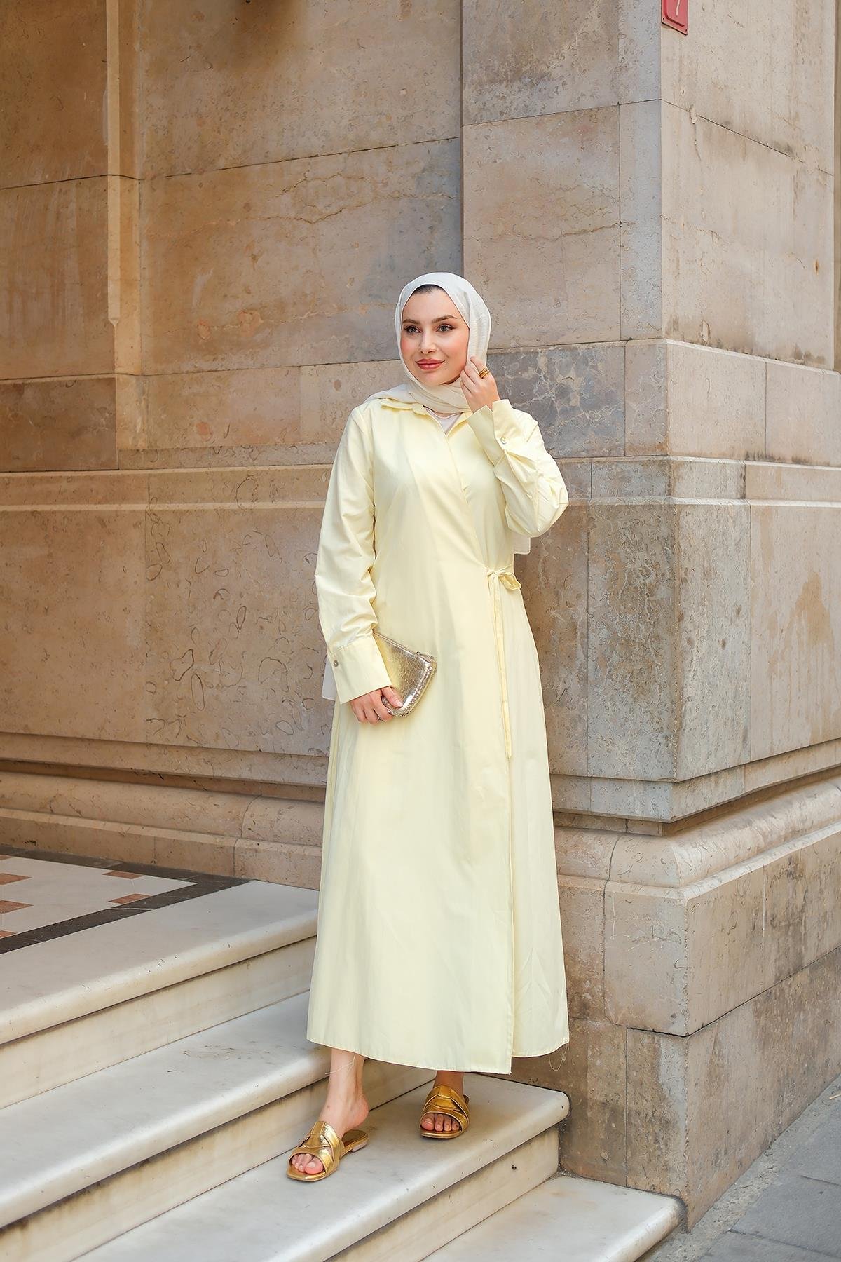 Poplin Yan Bağlamalı Elbise Sarı