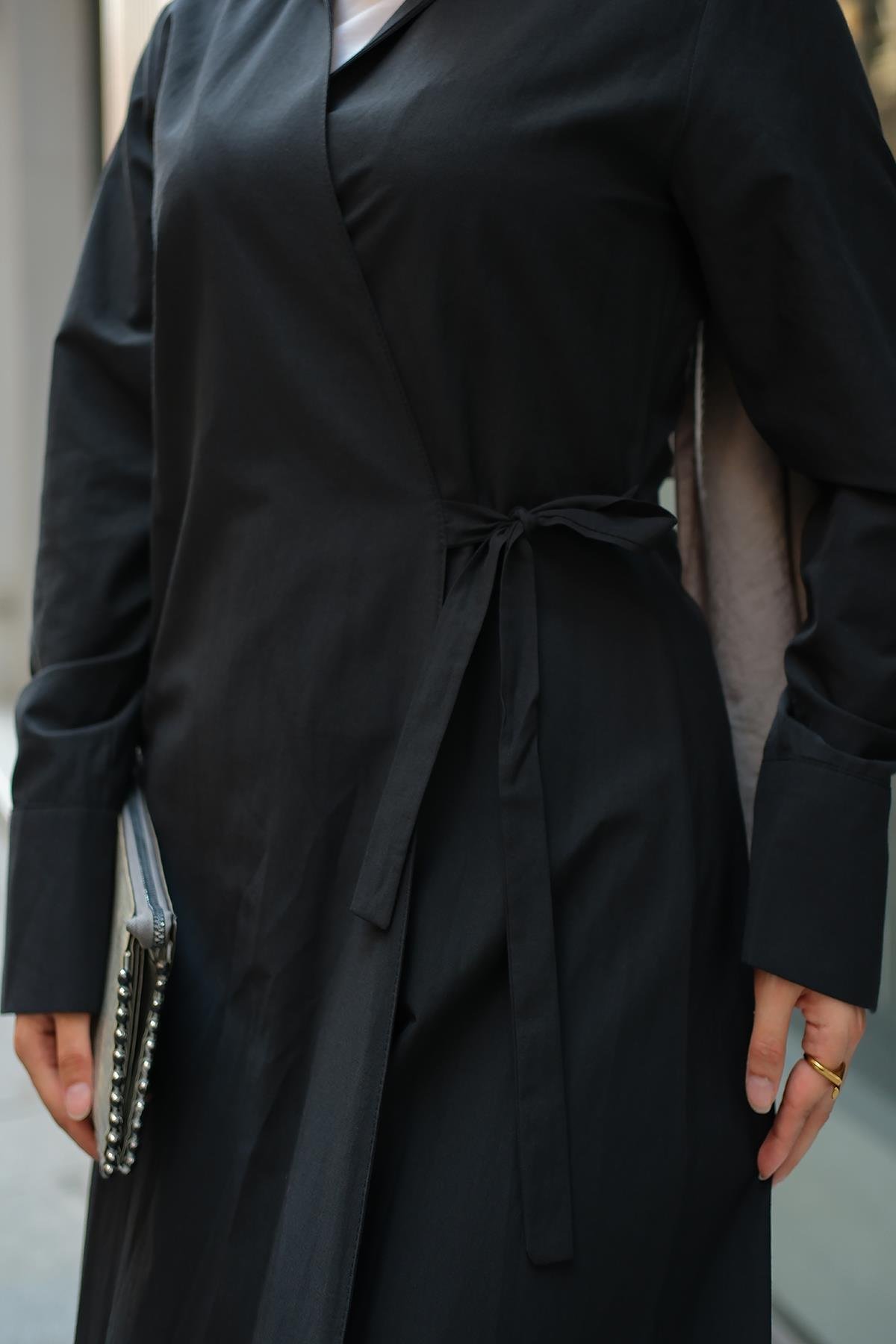 Poplin Yan Bağlamalı Elbise Siyah