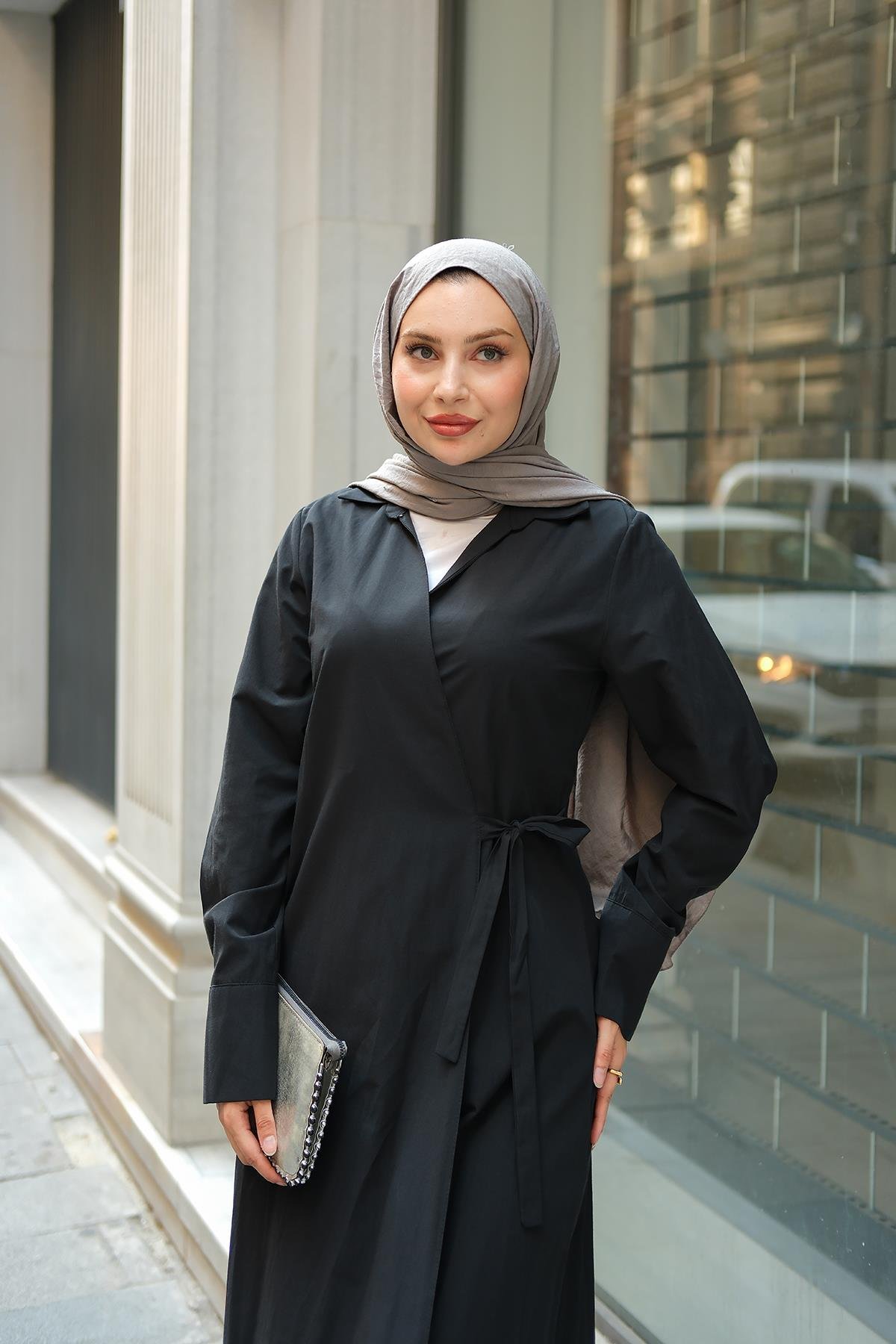 Poplin Yan Bağlamalı Elbise Siyah