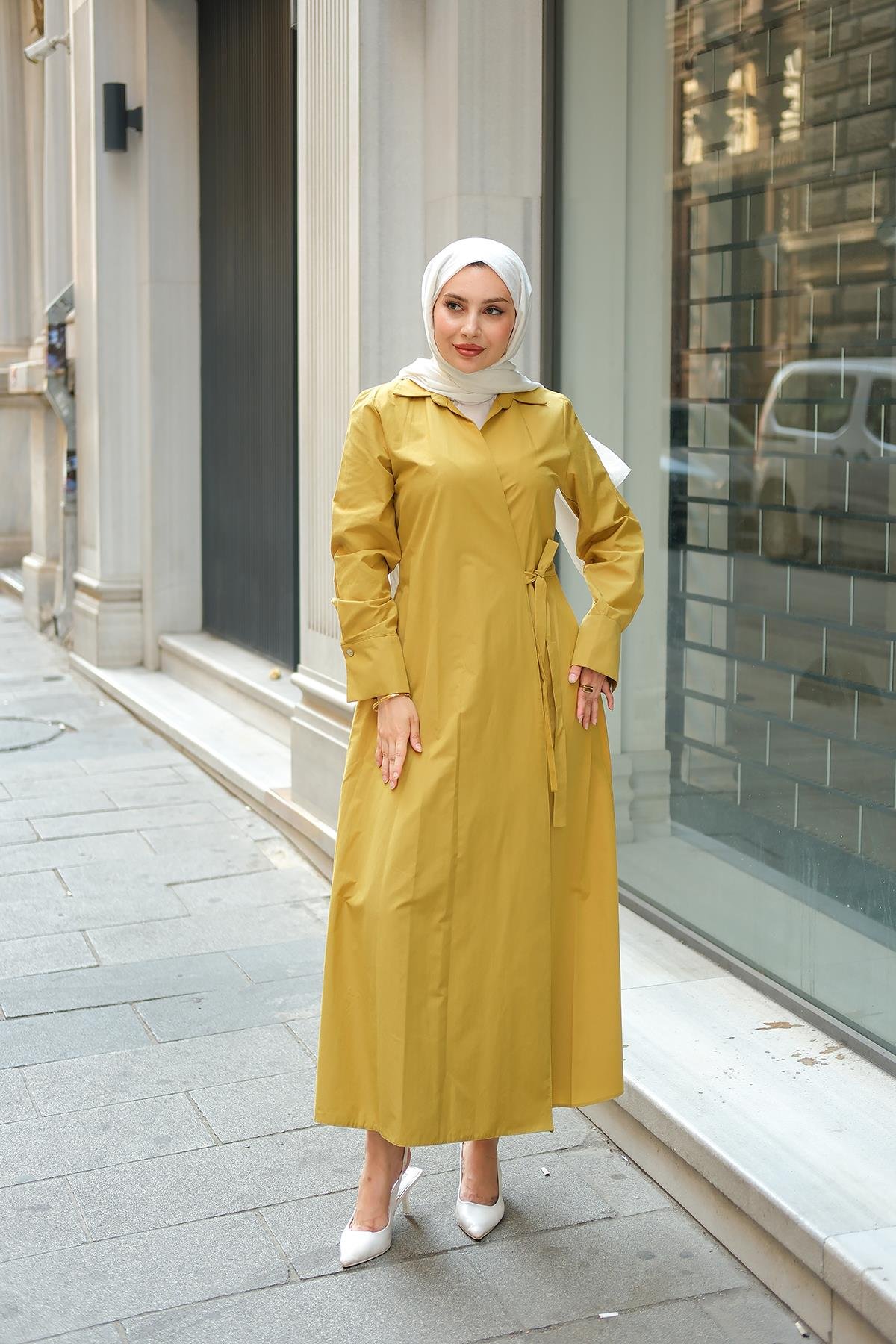 Poplin Yan Bağlamalı Elbise Yağ Yeşil