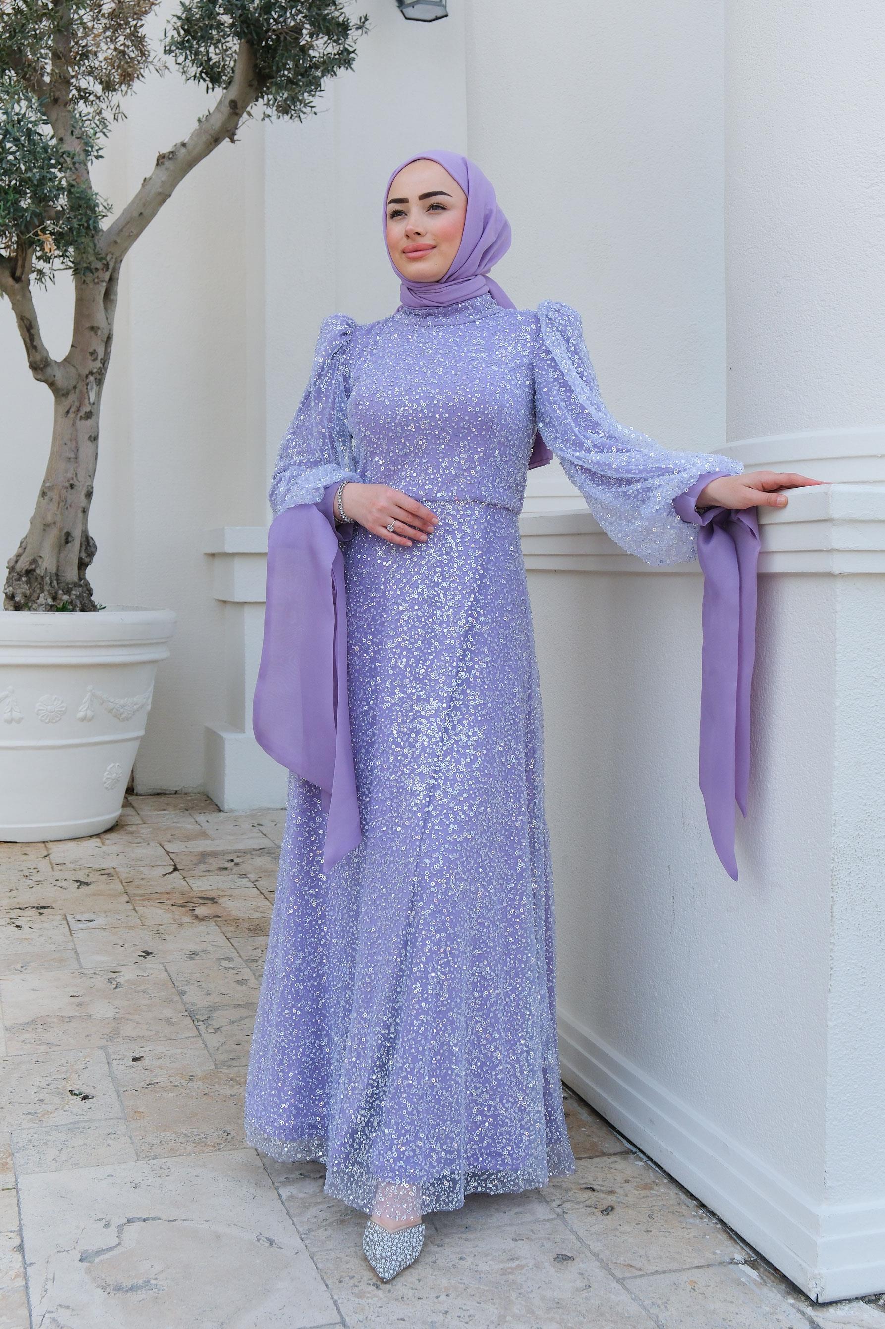 Pul Detay Abiye Lila