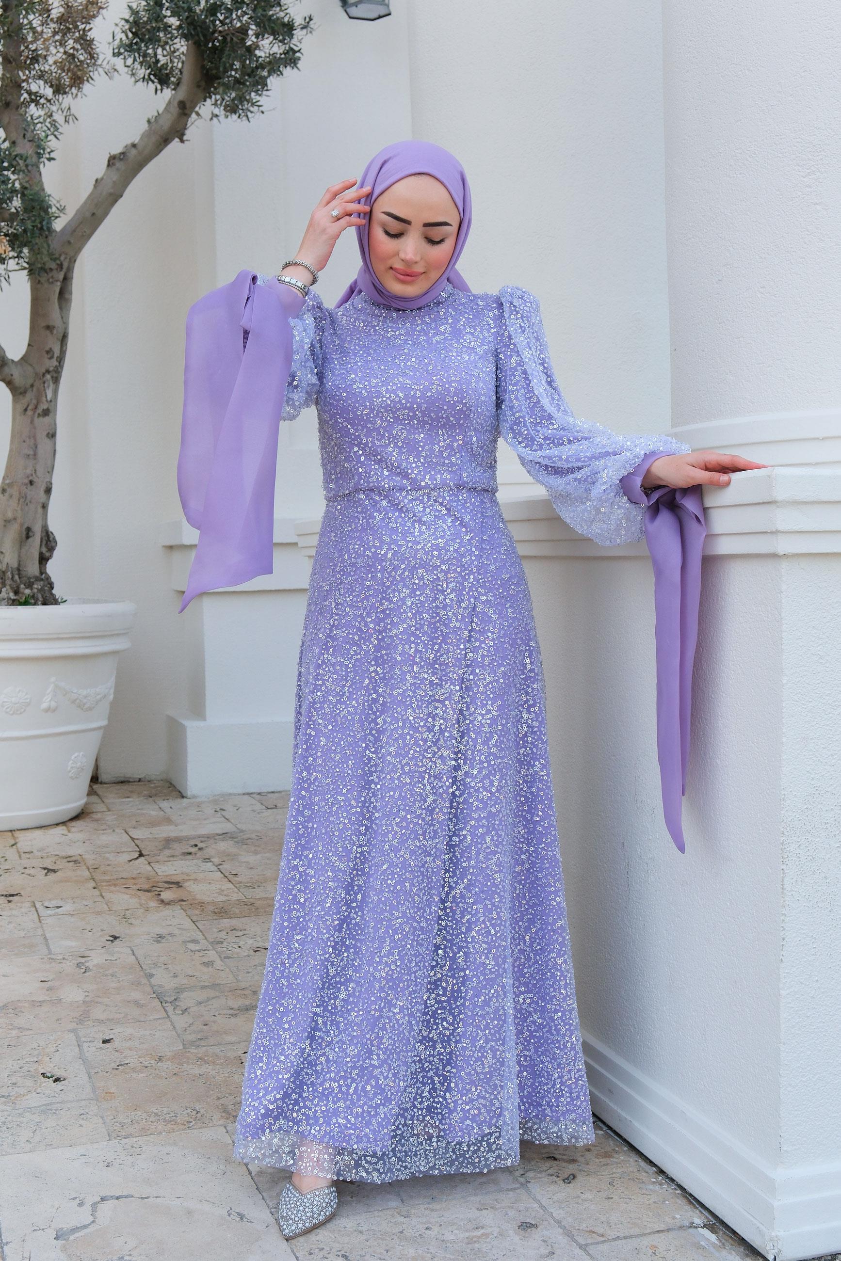 Pul Detay Abiye Lila