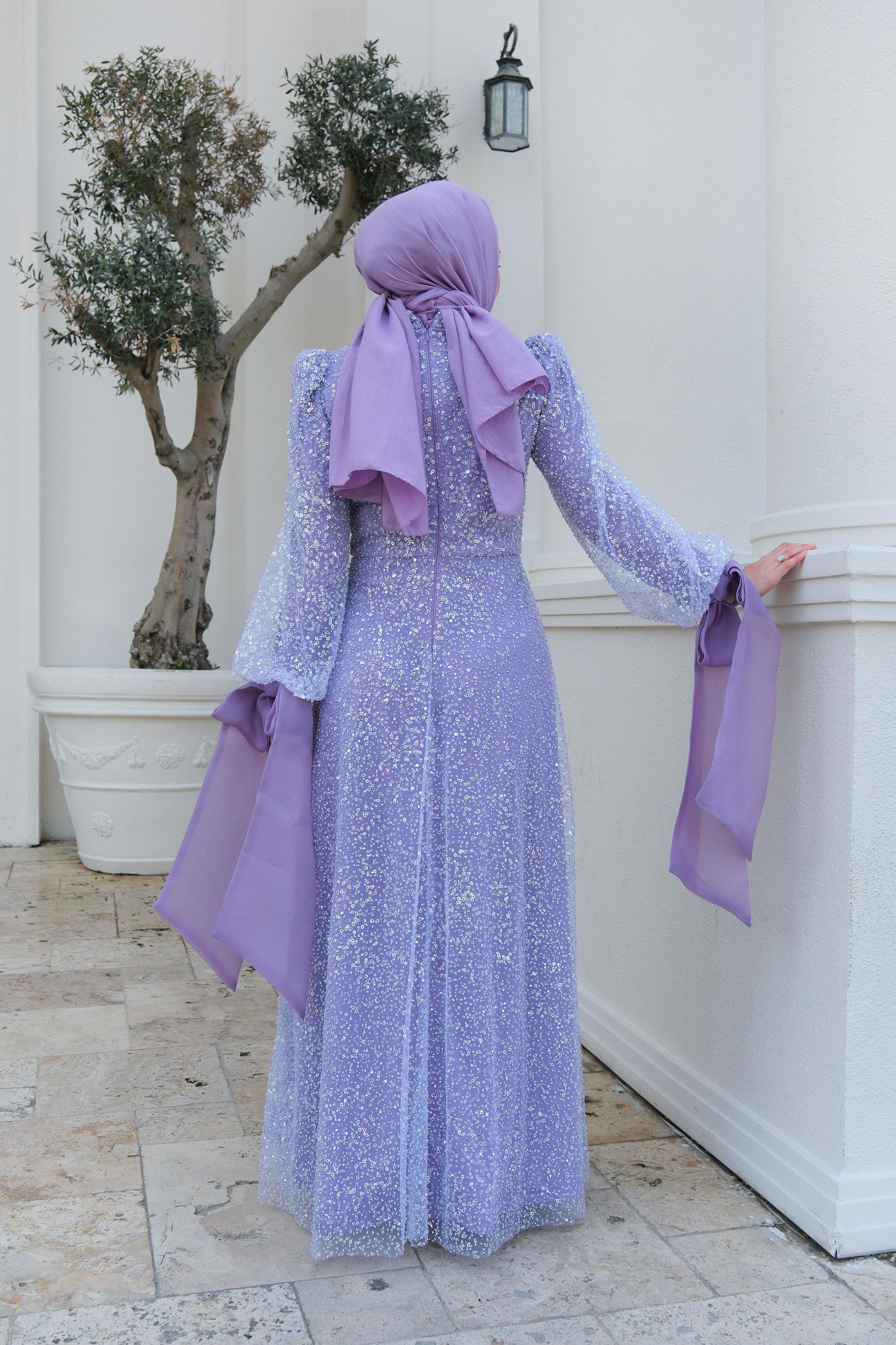 Pul Detay Abiye Lila