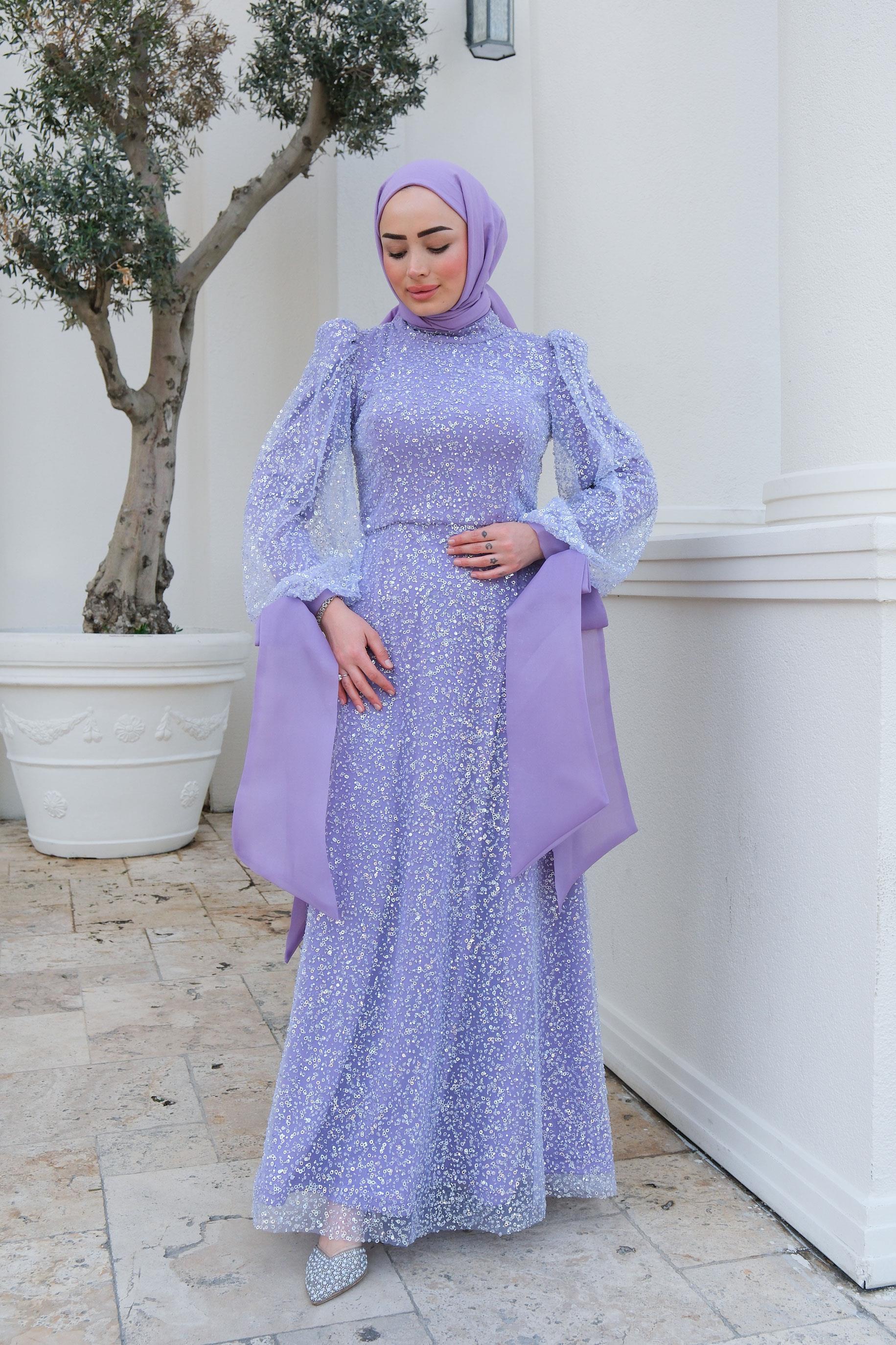 Pul Detay Abiye Lila