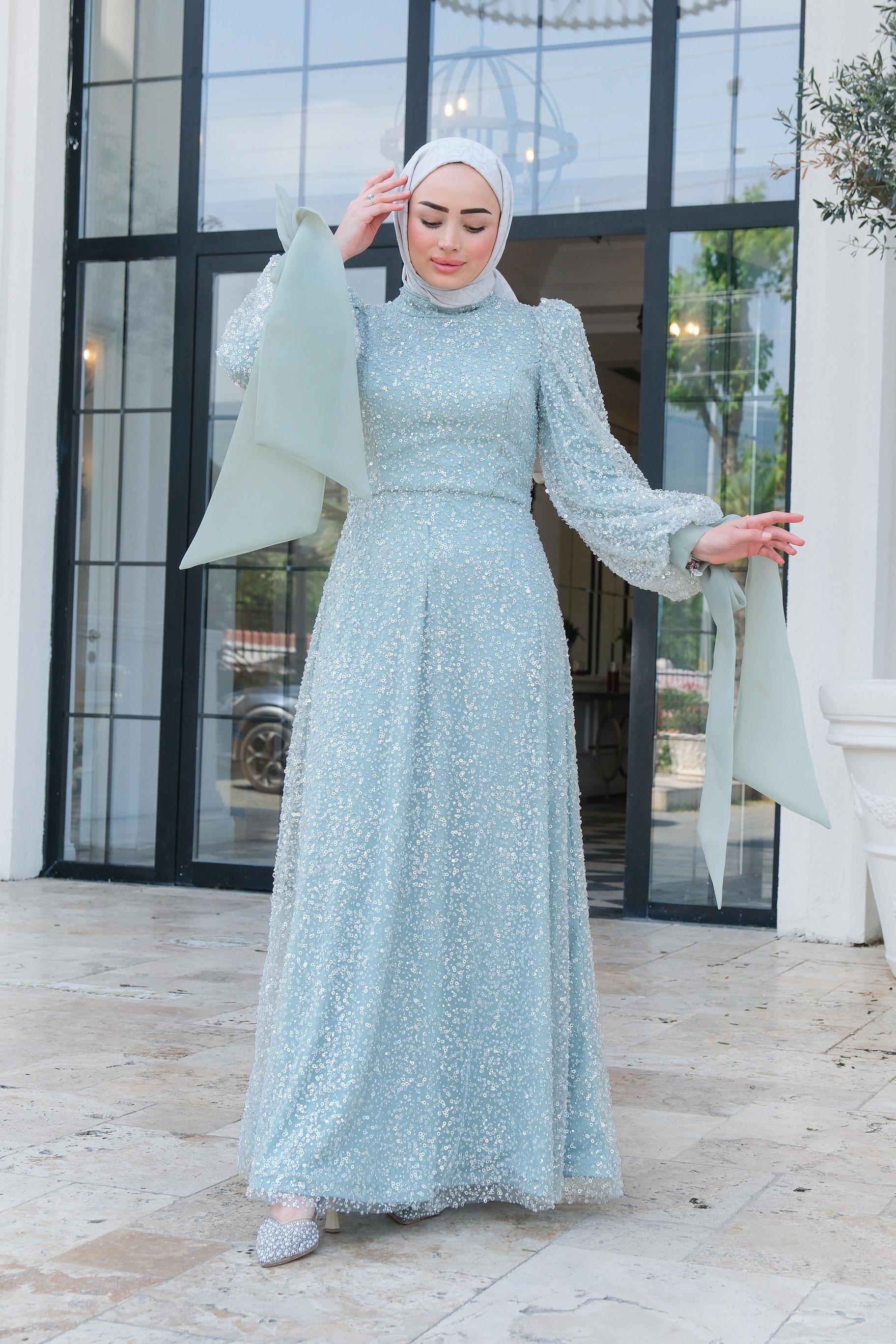 Pul Detay Abiye Su Yeşil