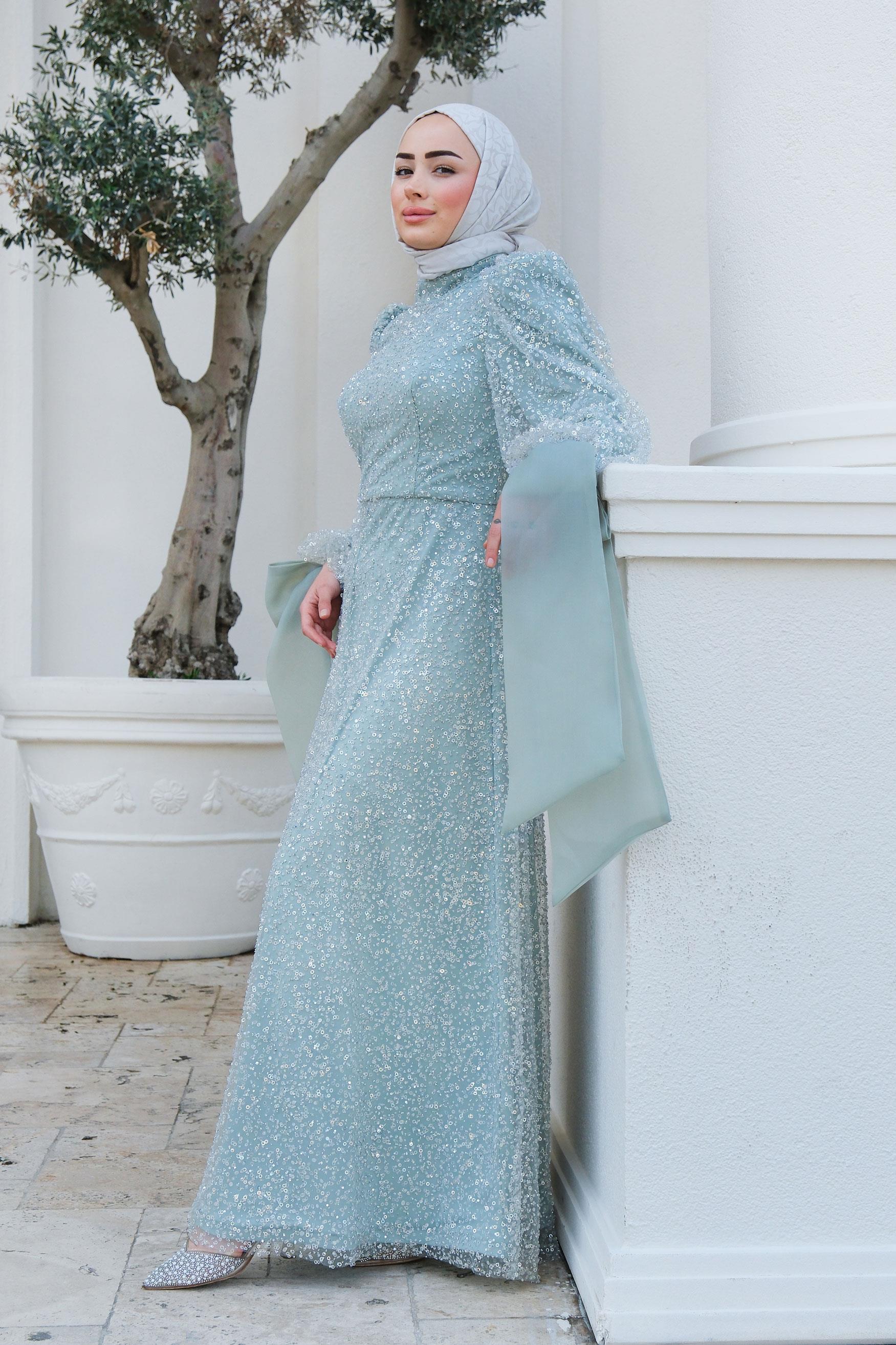 Pul Detay Abiye Su Yeşil