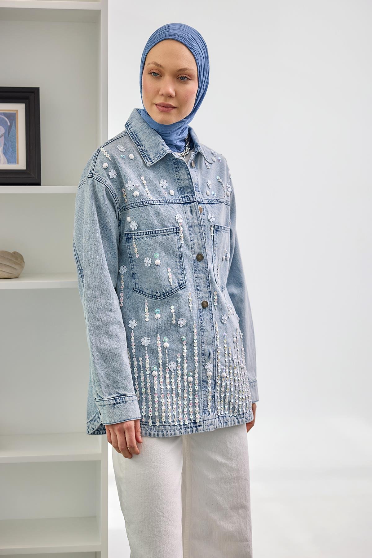 Pul Detay Jean Ceket Buz Mavi