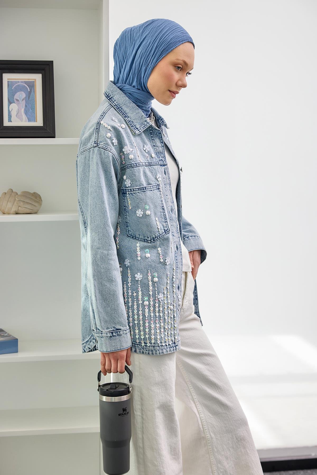 Pul Detay Jean Ceket Buz Mavi