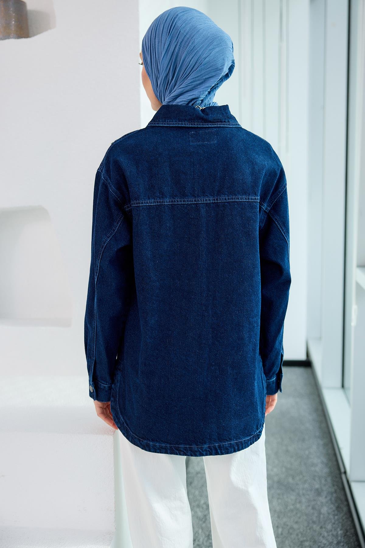 Pul Detay Jean Ceket Koyu Mavi