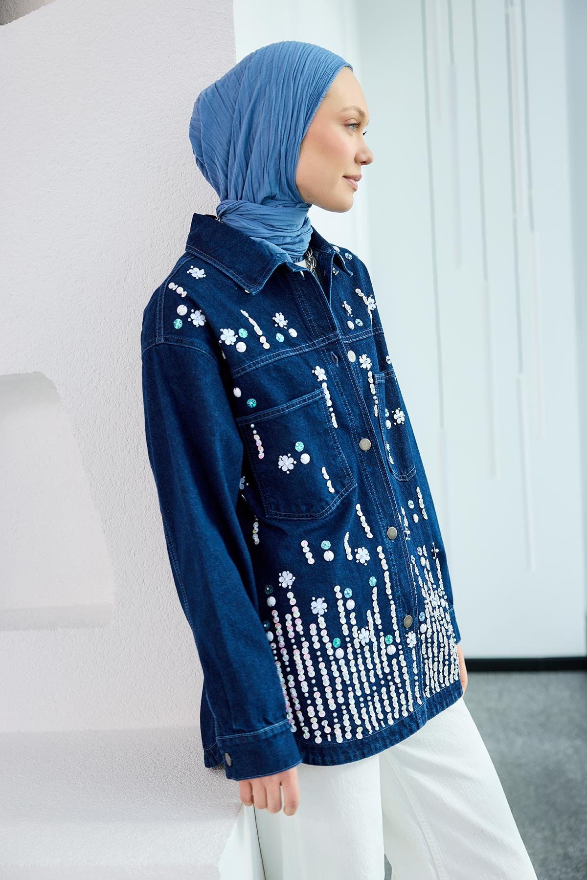 Pul Detay Jean Ceket Koyu Mavi