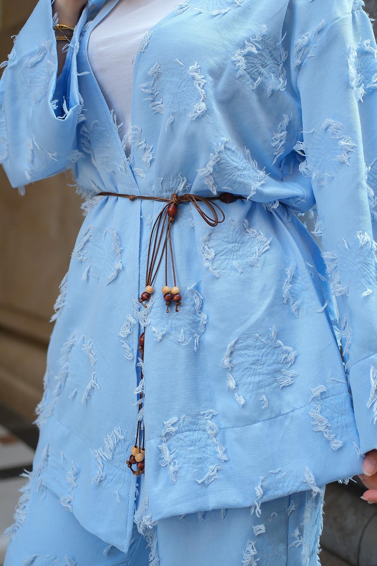 Püskül Detay Kimono İkili Takım Mavi
