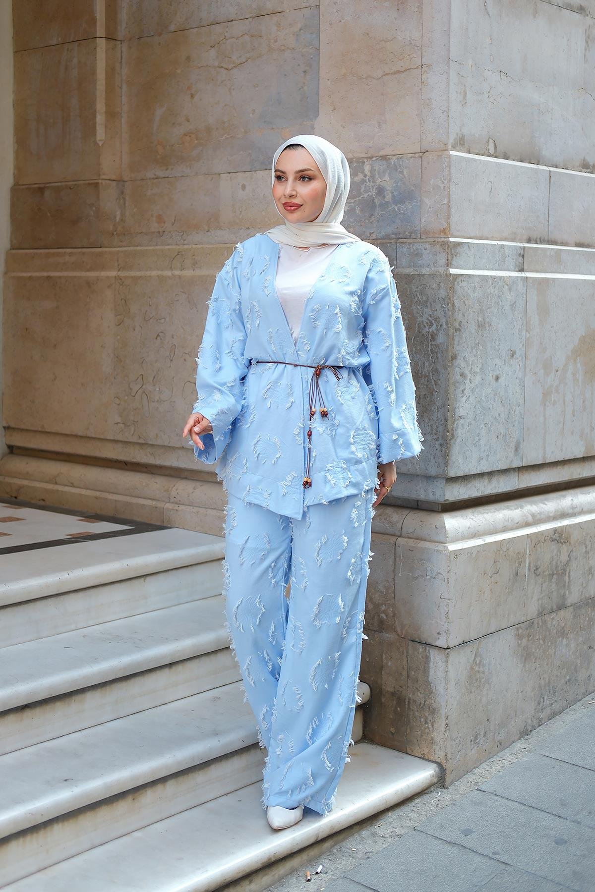 Püskül Detay Kimono İkili Takım Mavi