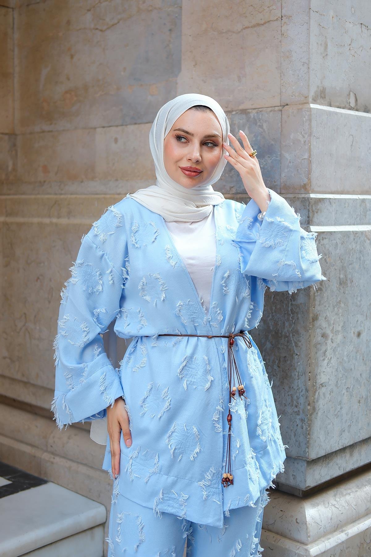 Püskül Detay Kimono İkili Takım Mavi
