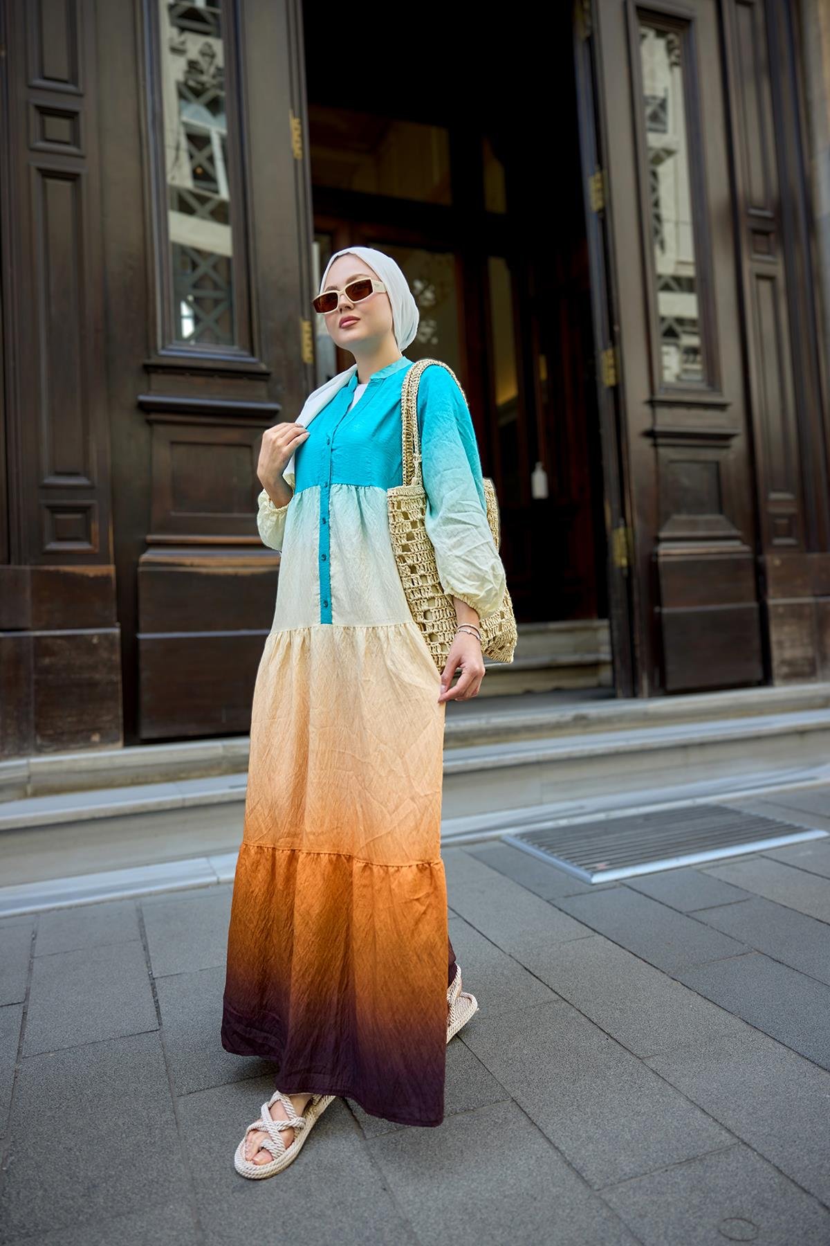 Renkli Batik Elbise Mavi