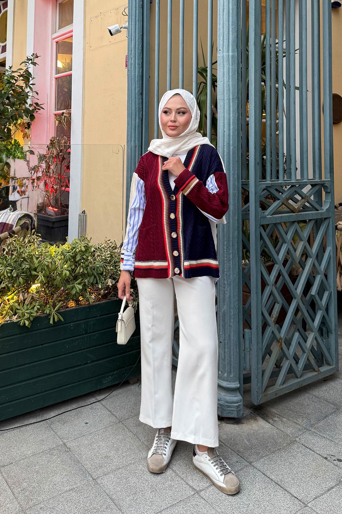 Renkli Örme Detay Hırka Bordo