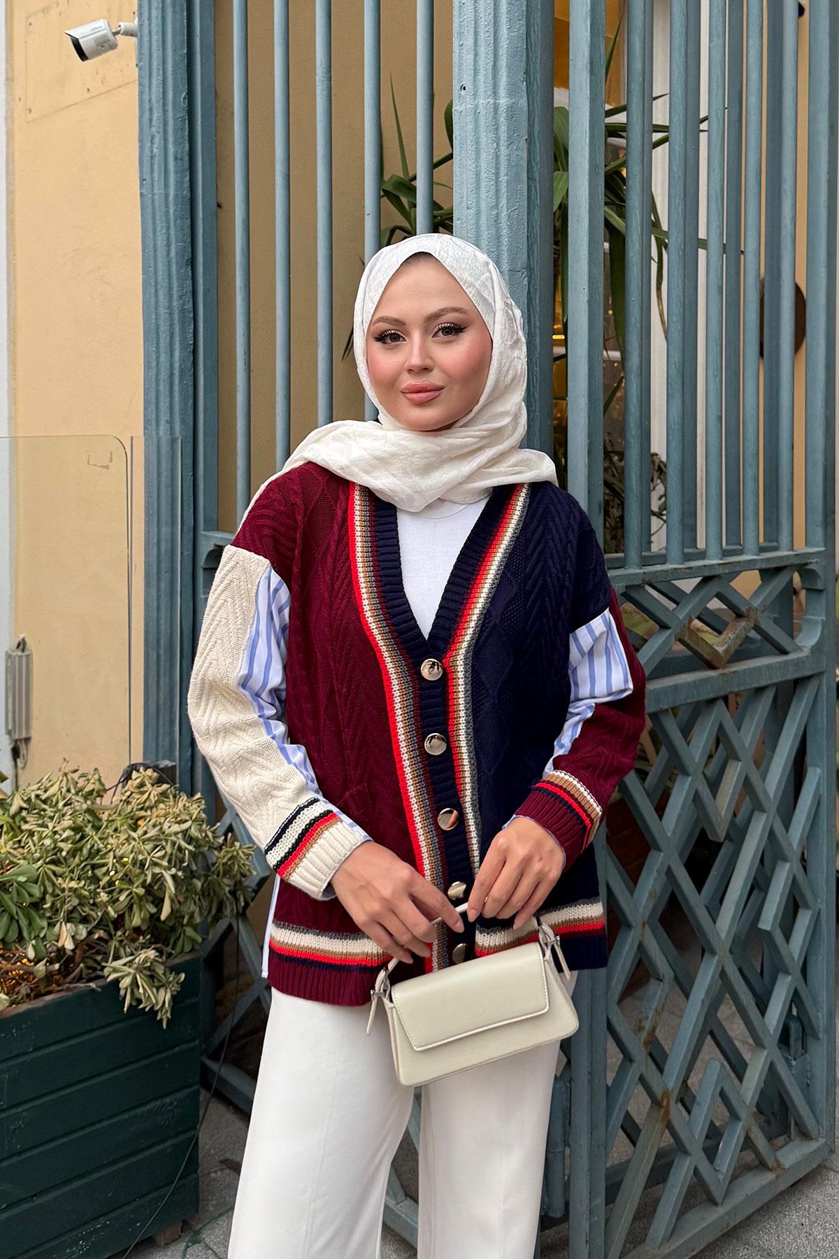 Renkli Örme Detay Hırka Bordo