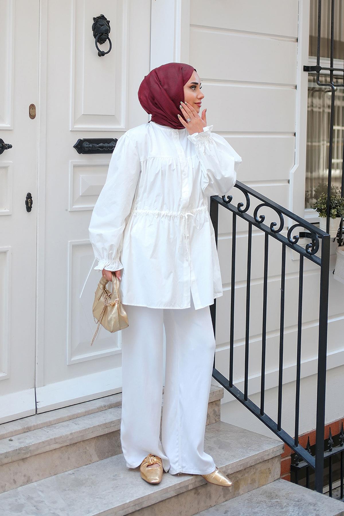 Robadan Büzgü Detaylı Balon Kol Gömlek Beyaz