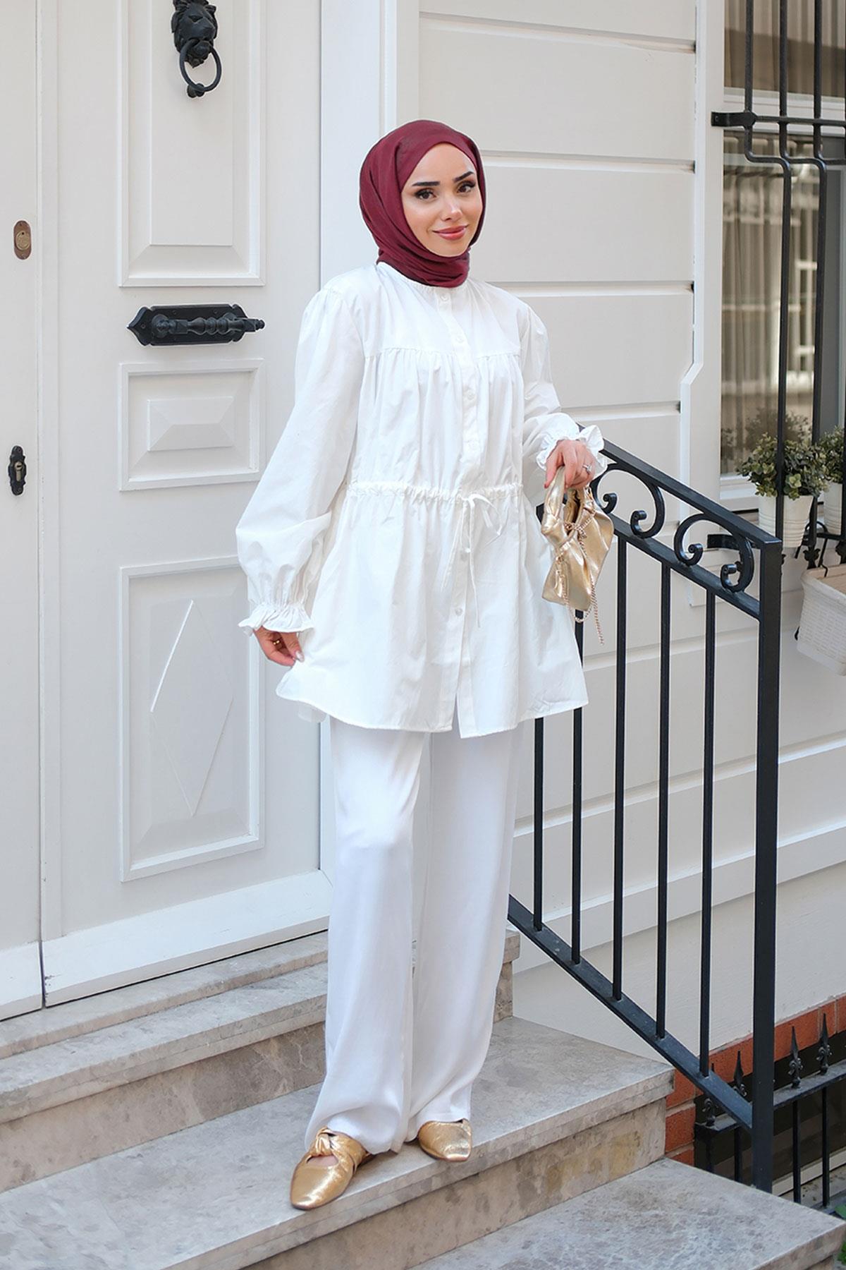 Robadan Büzgü Detaylı Balon Kol Gömlek Beyaz