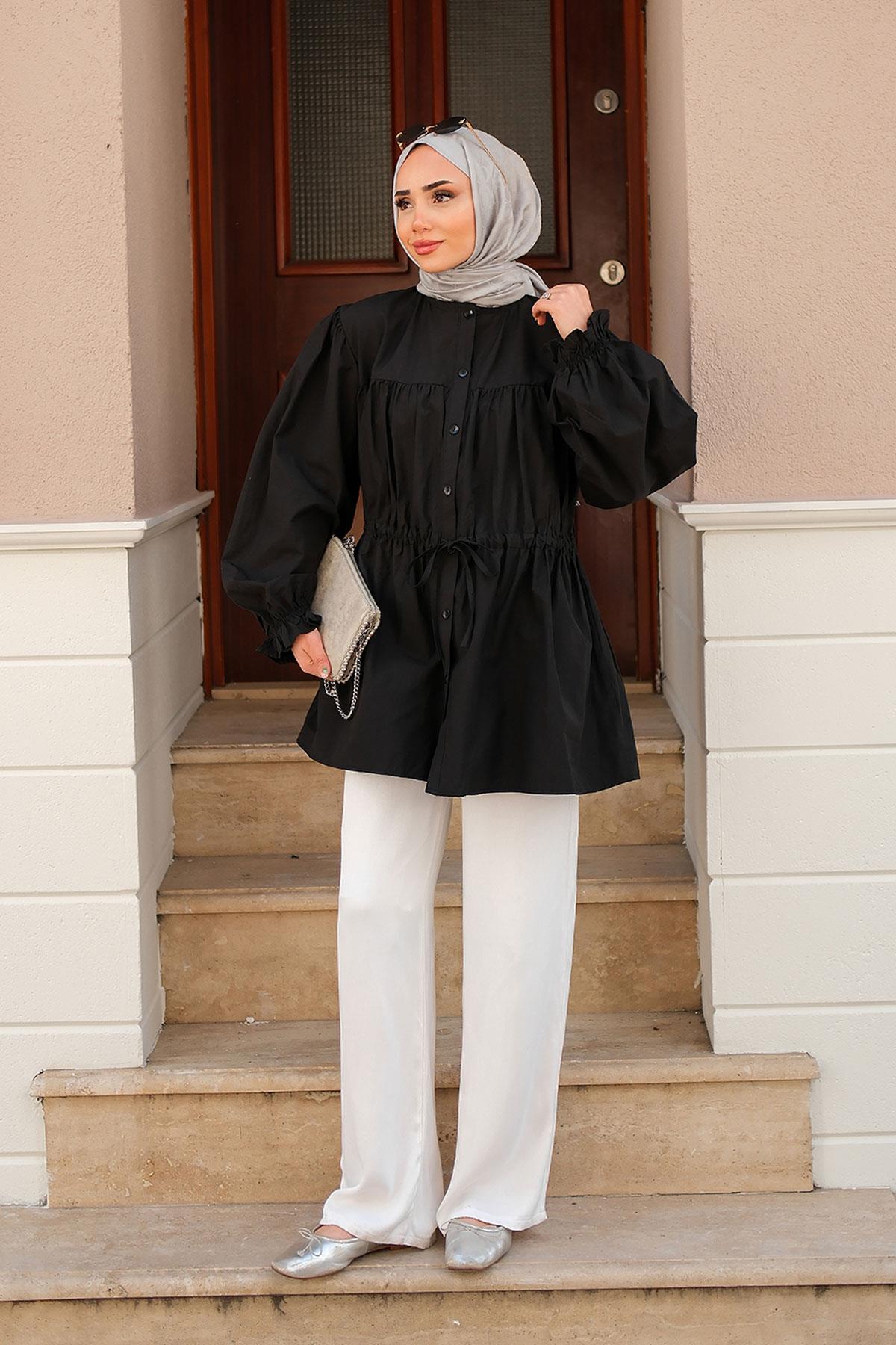 Robadan Büzgü Detaylı Balon Kol Gömlek Siyah