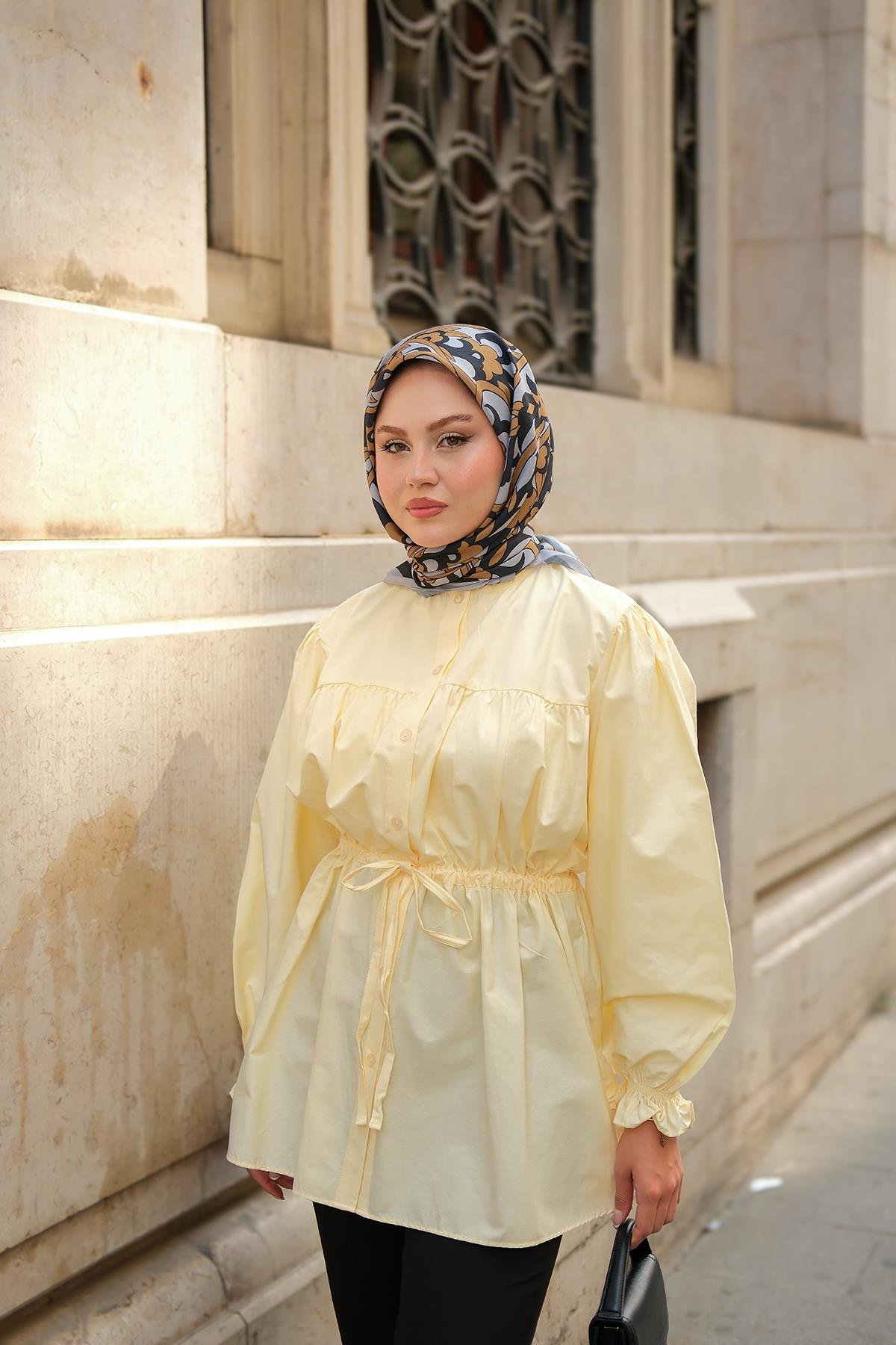 Robadan Büzgü Detaylı Balon Kol Gömlek Sarı