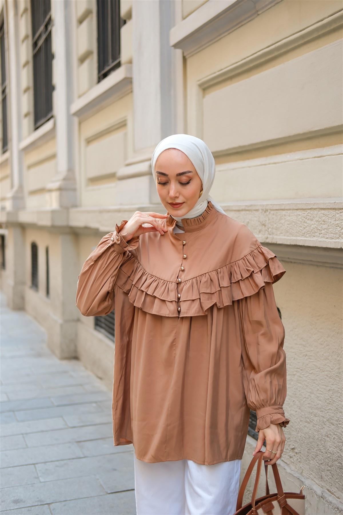 Robası Fırfırlı Cupra Tencel Gömlek Kahverengi