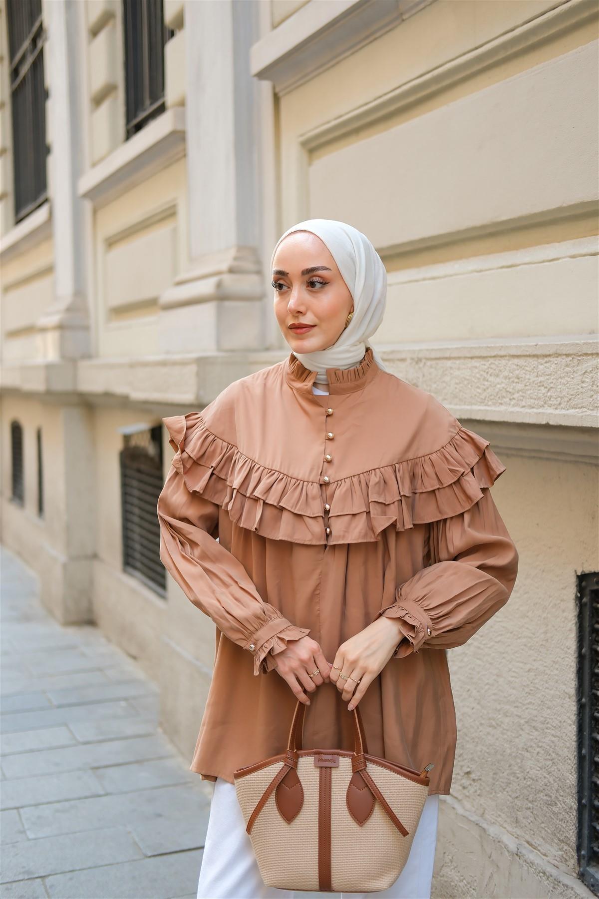 Robası Fırfırlı Cupra Tencel Gömlek Kahverengi