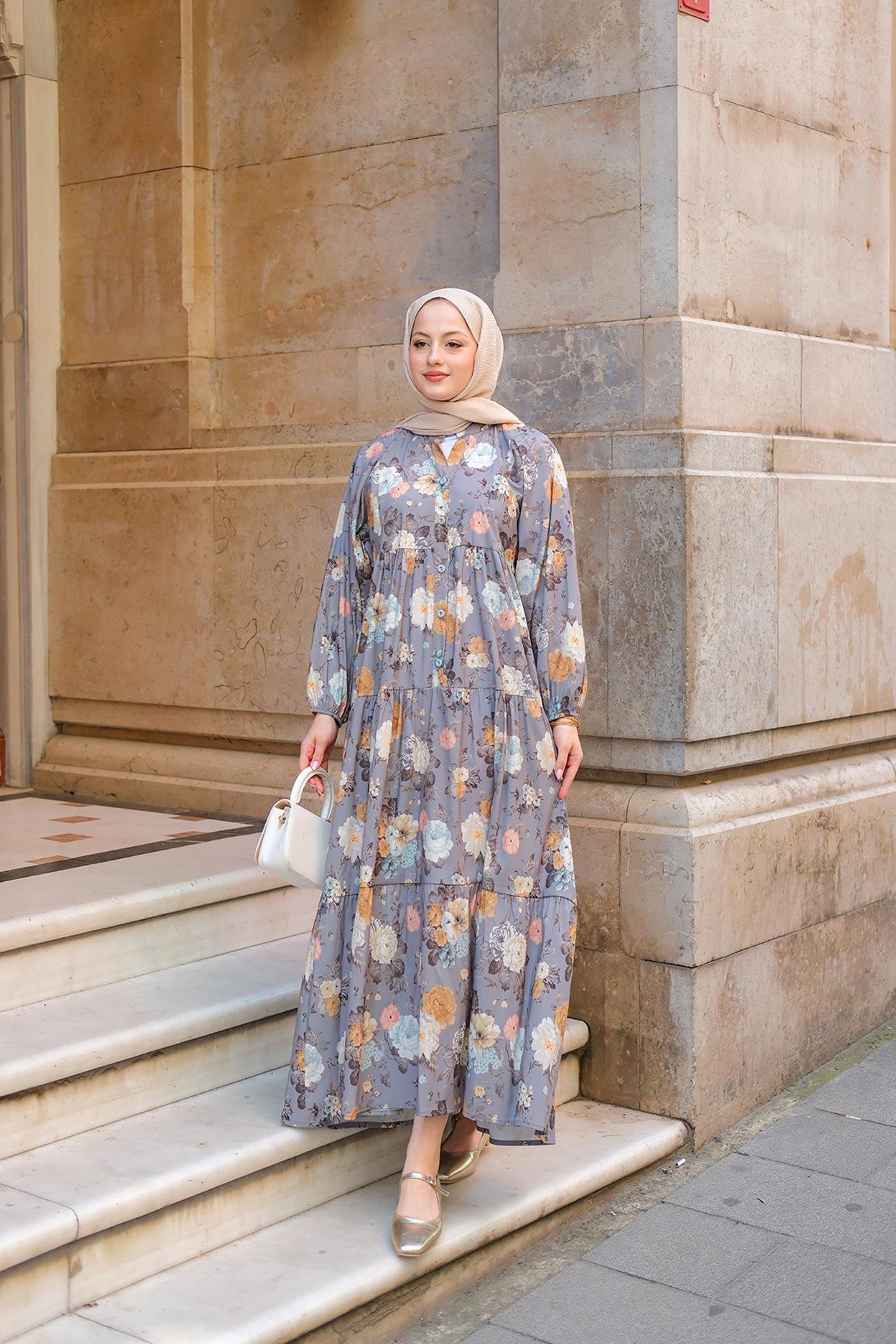 Rose Desenli Elbise Gri