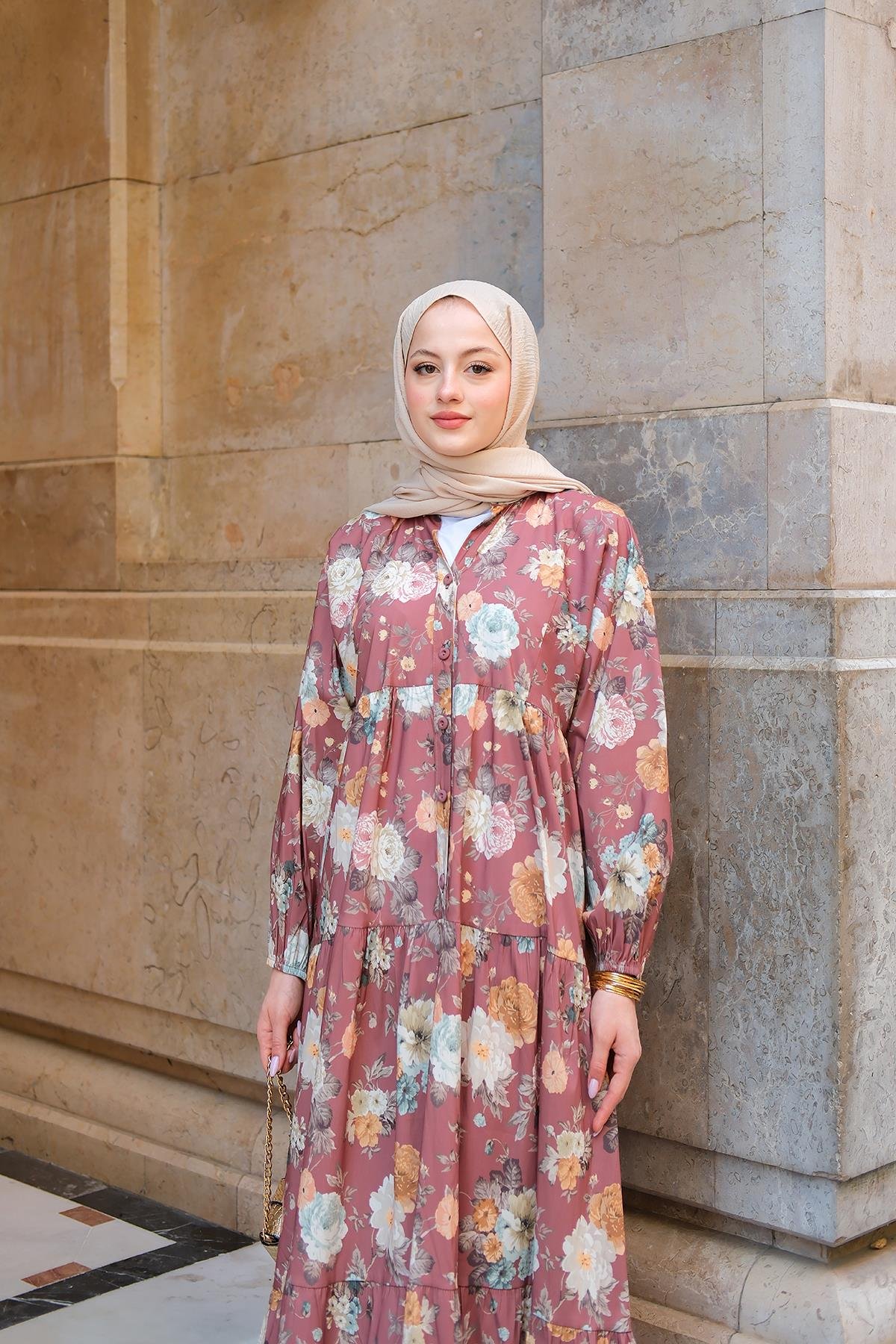Rose Desenli Elbise Kahverengi