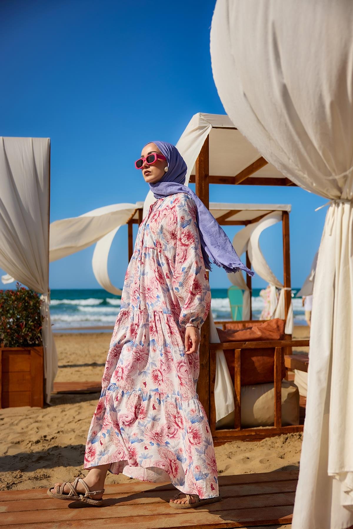 Şakayık Desen Elbise Mavi