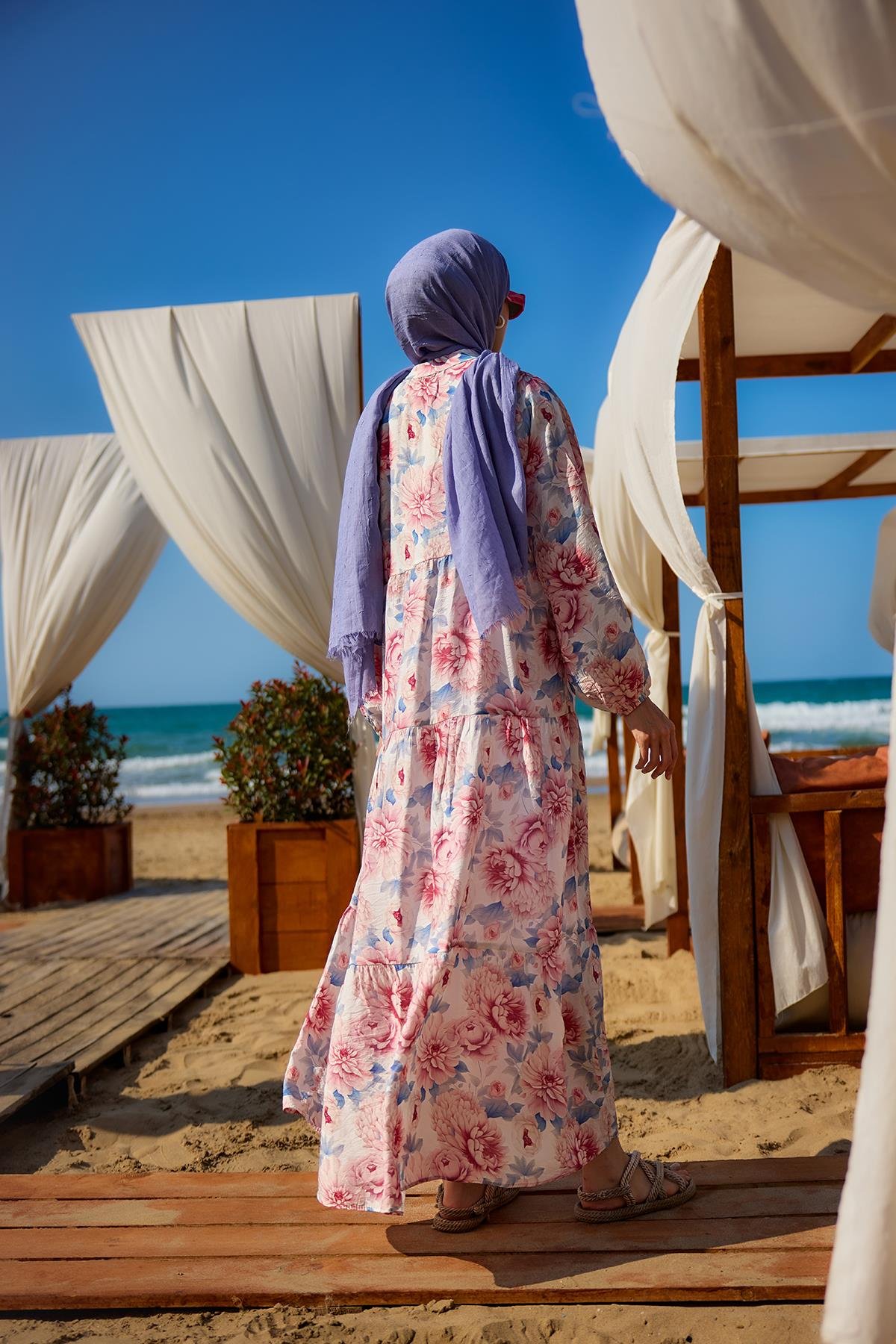 Şakayık Desen Elbise Mavi