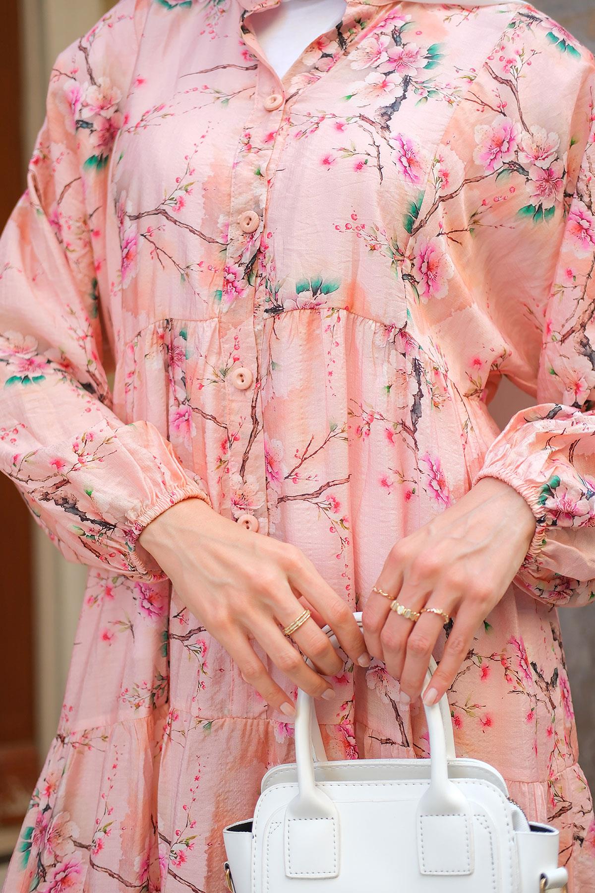 Sakura Çiçeği Desenli Elbise Pembe