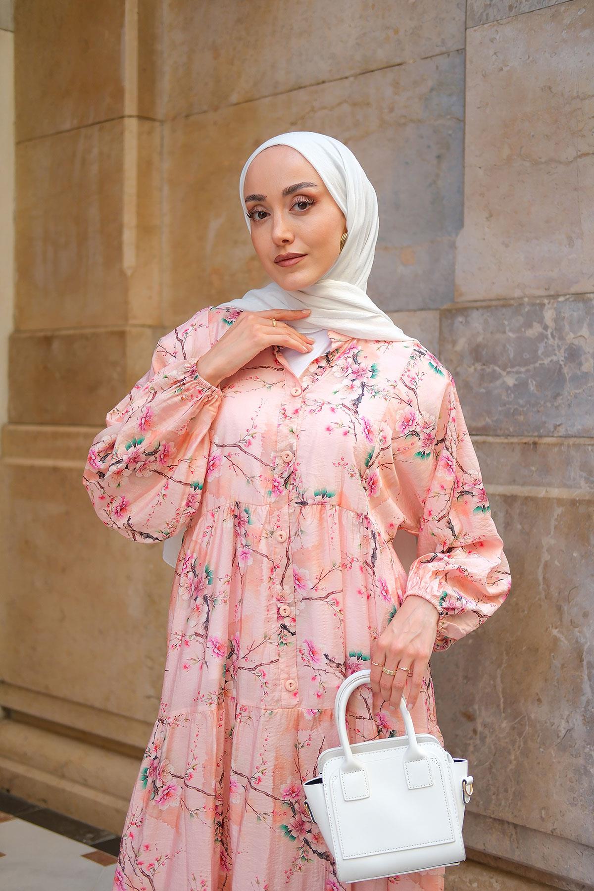 Sakura Çiçeği Desenli Elbise Pembe