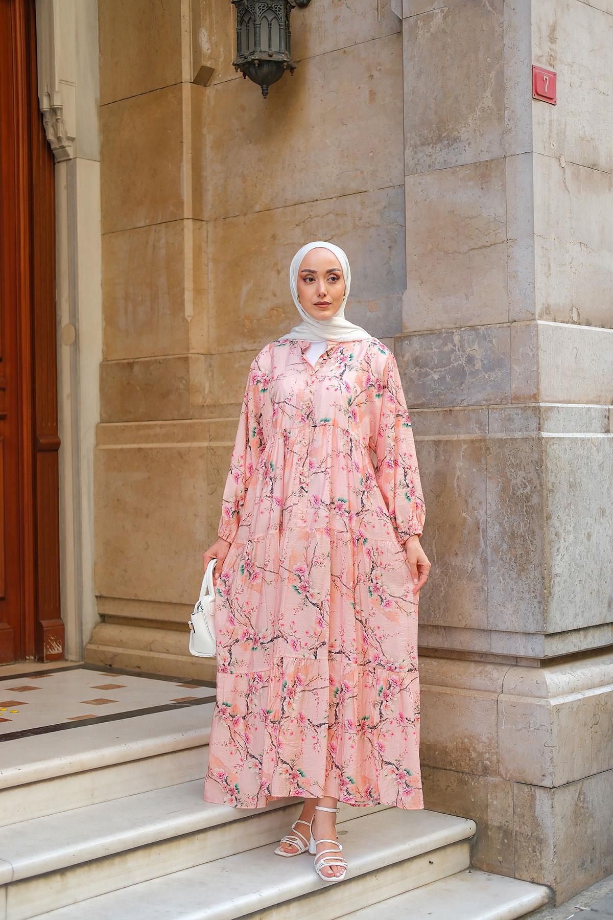 Sakura Çiçeği Desenli Elbise Pembe