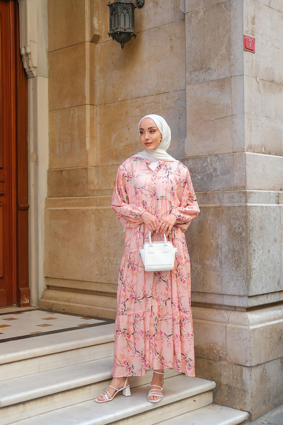 Sakura Çiçeği Desenli Elbise Pembe