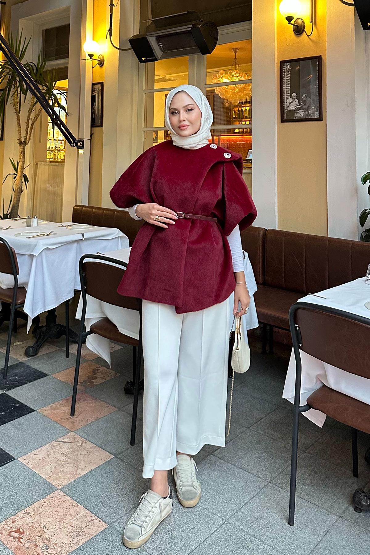 Şal Detay Kemerli Yelek Bordo