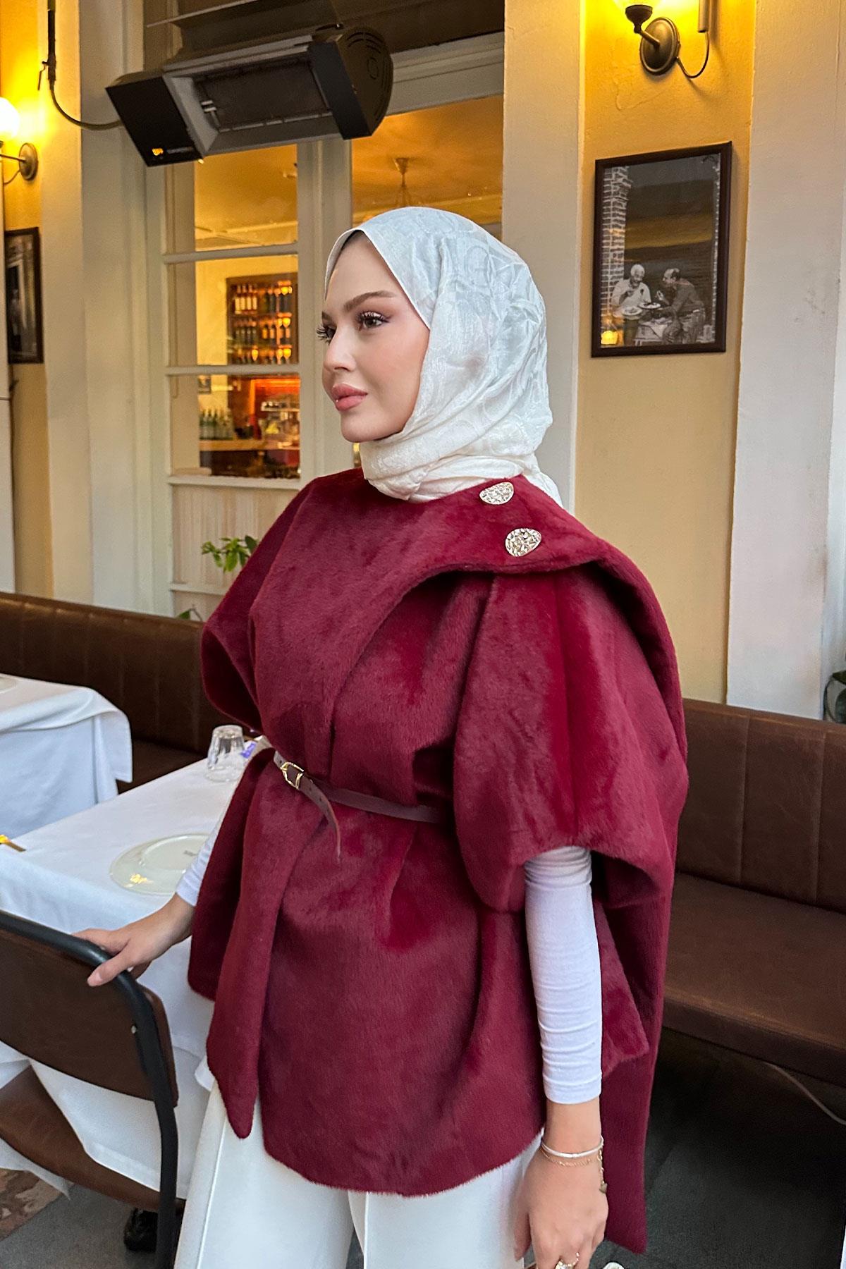 Şal Detay Kemerli Yelek Bordo